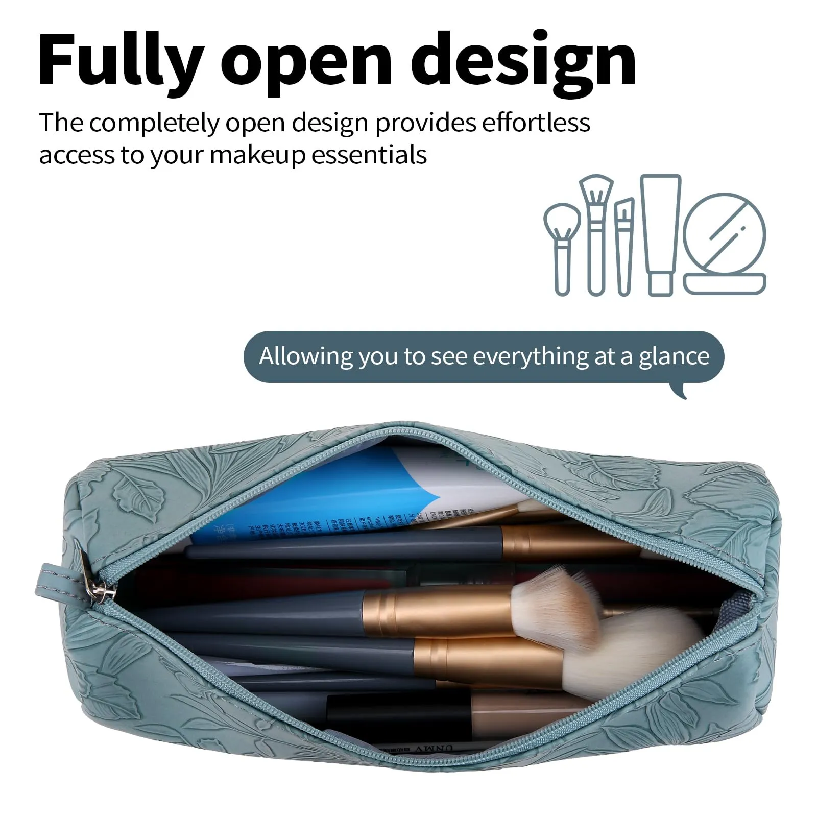 PU Leather Cosmetic Bag for Women - Floral Makeup Bag Portable Storage Purse for Makeup Brushes (Z-Blue-Case)