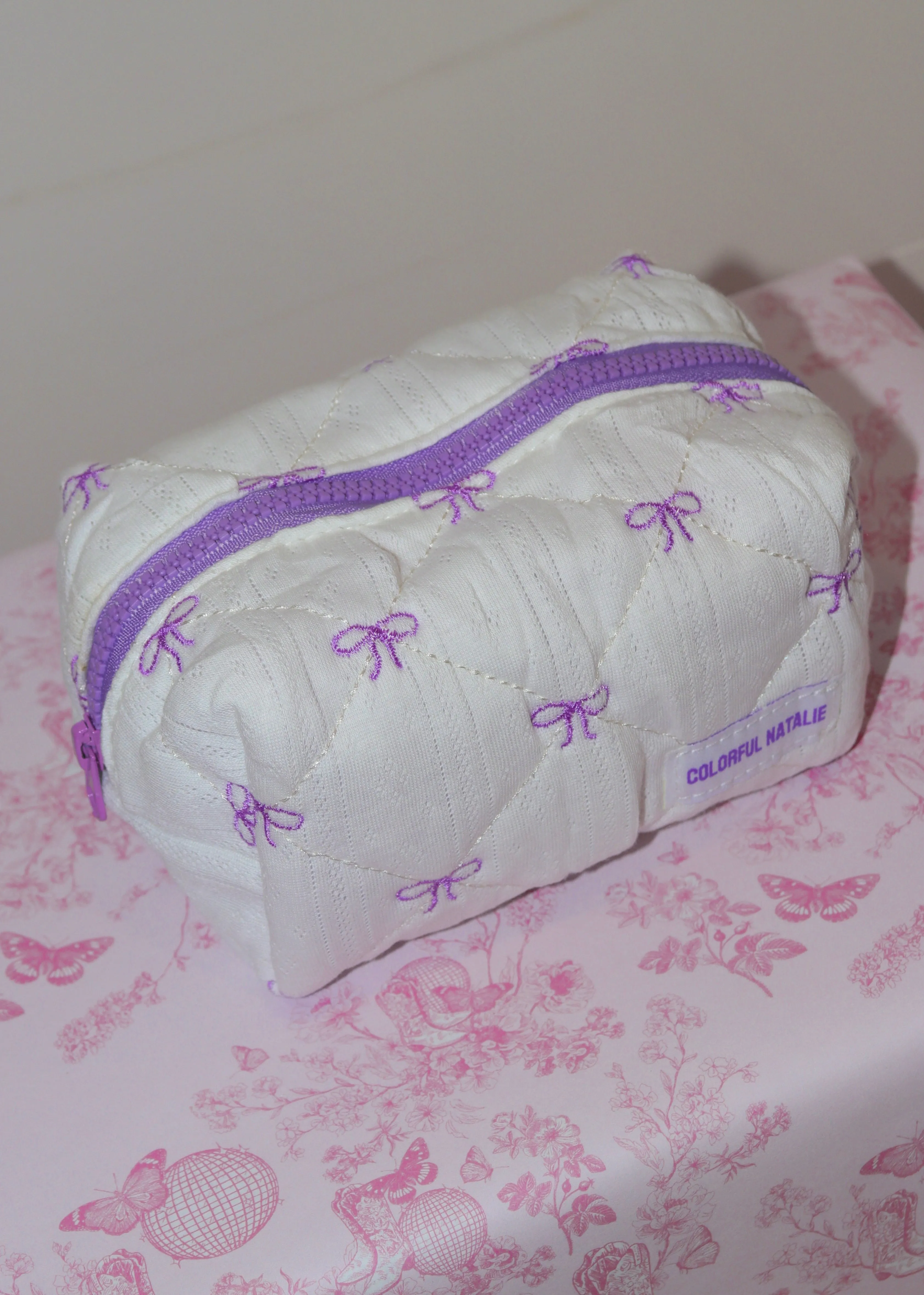 Purple Bows Small Embroidered Makeup Bag