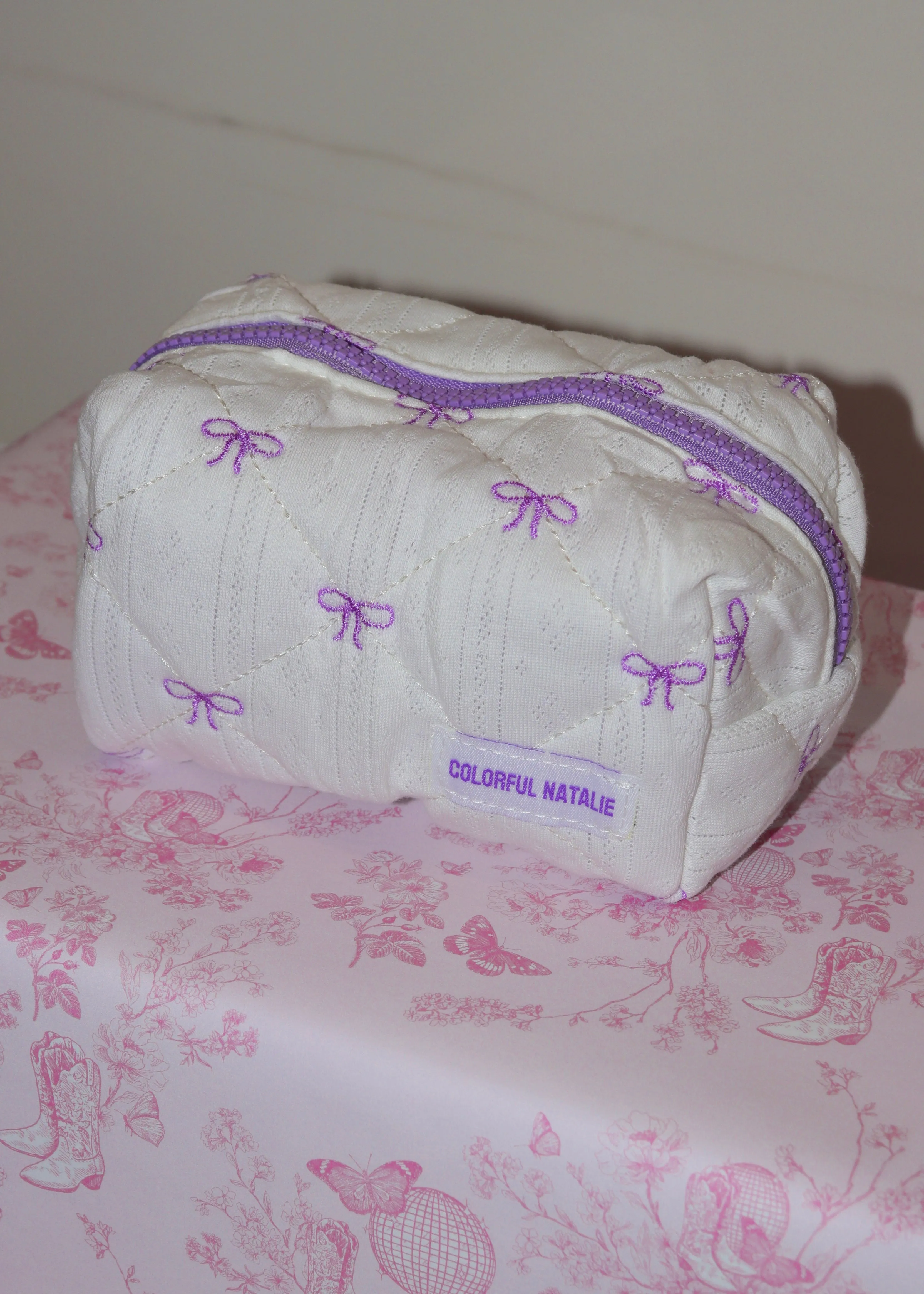 Purple Bows Small Embroidered Makeup Bag