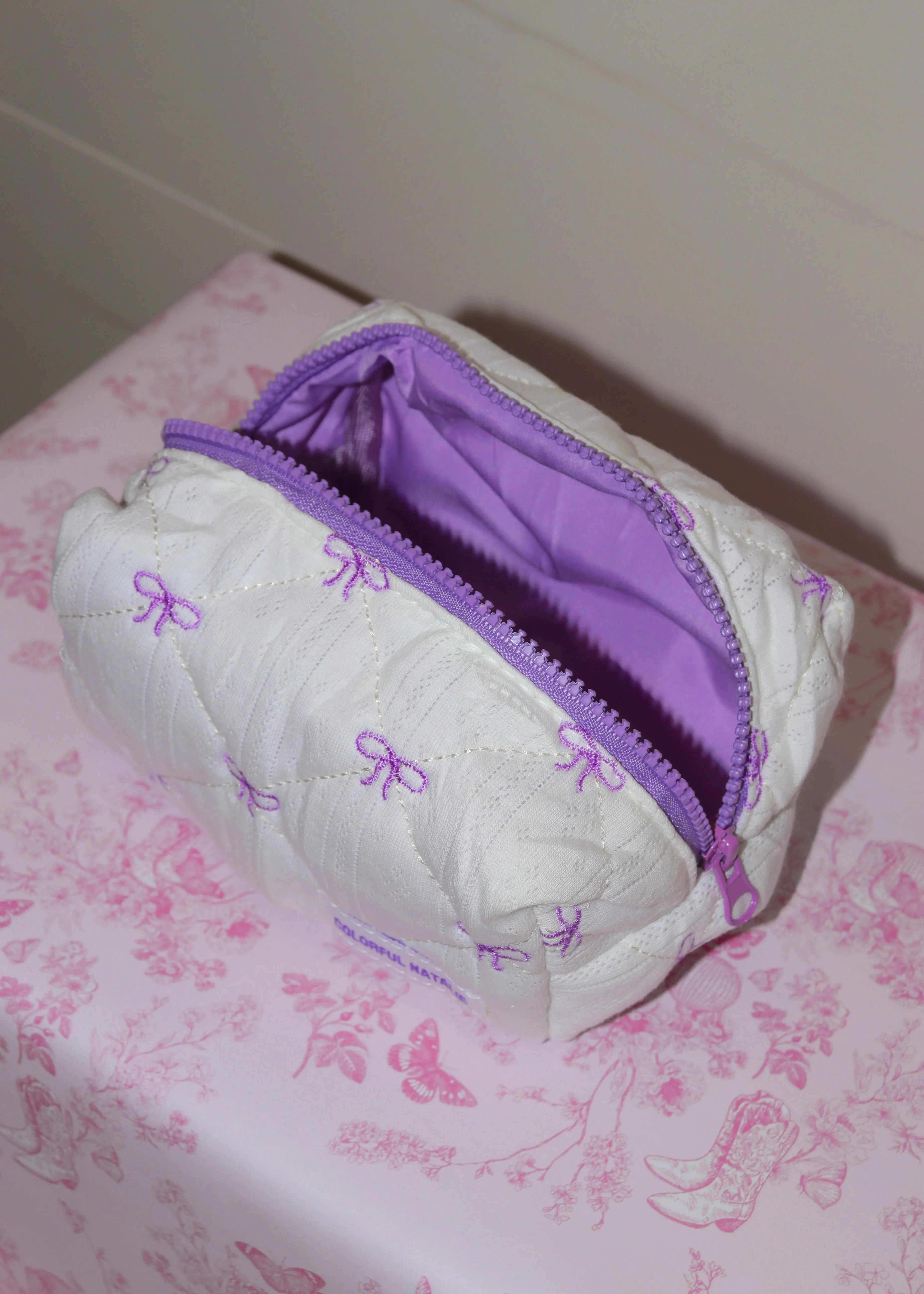 Purple Bows Small Embroidered Makeup Bag