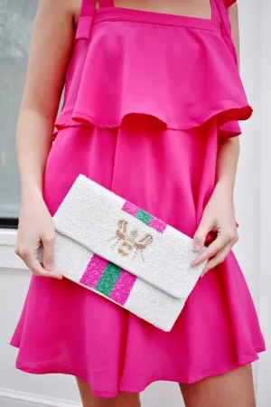 Queen Bee Striped Beaded Clutch White