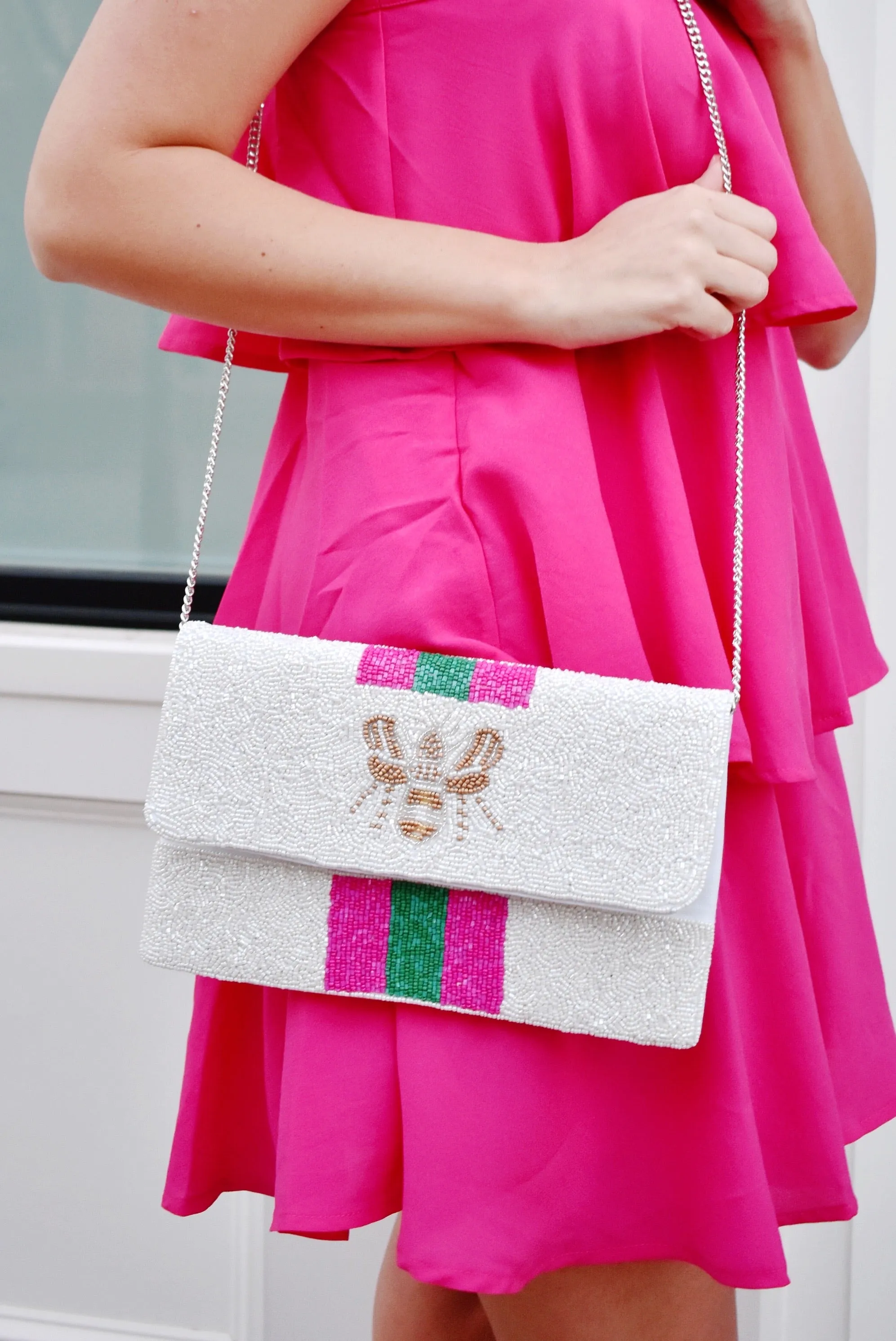 Queen Bee Striped Beaded Clutch White