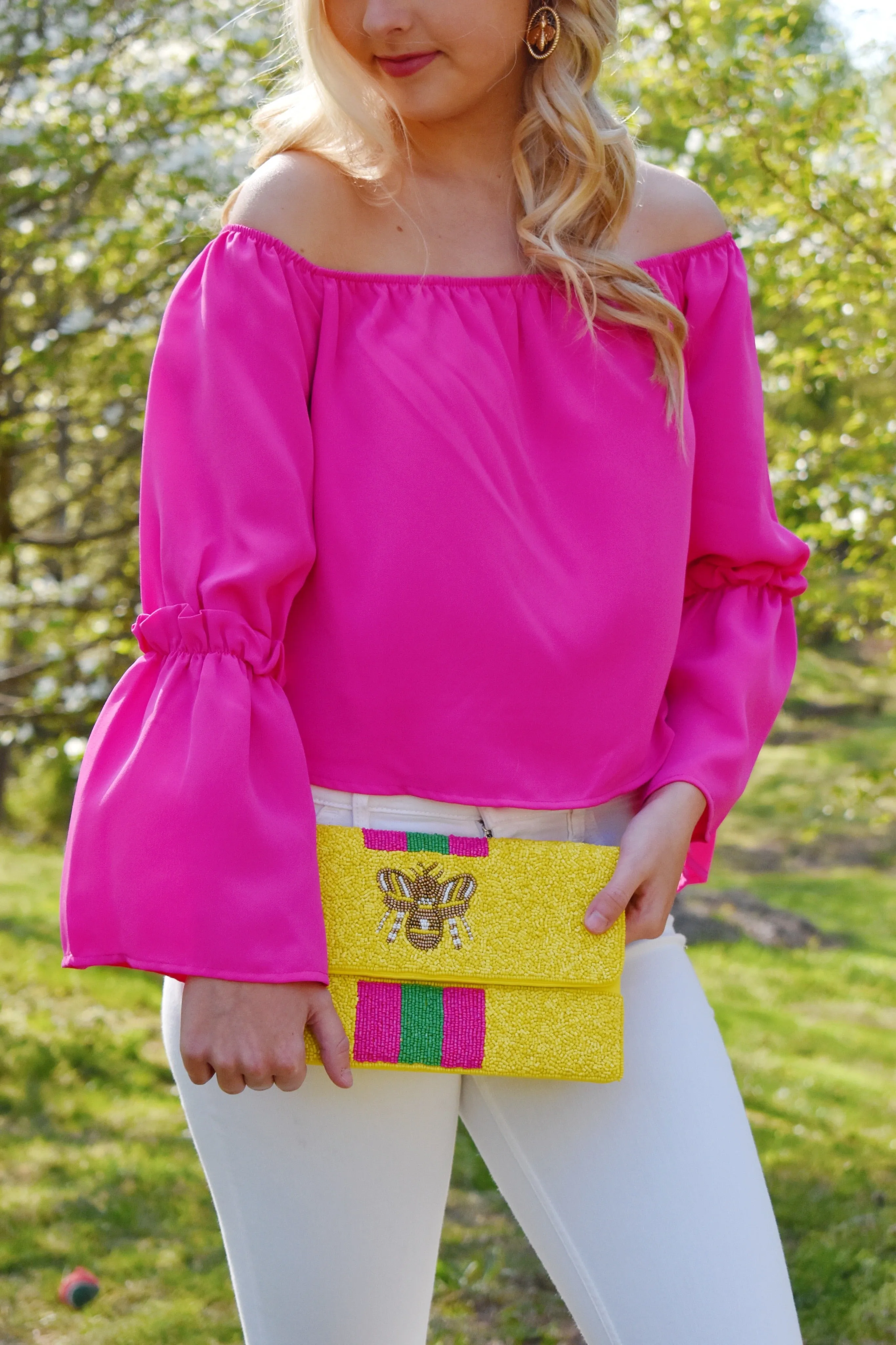 Queen Bee Striped Beaded Clutch Yellow