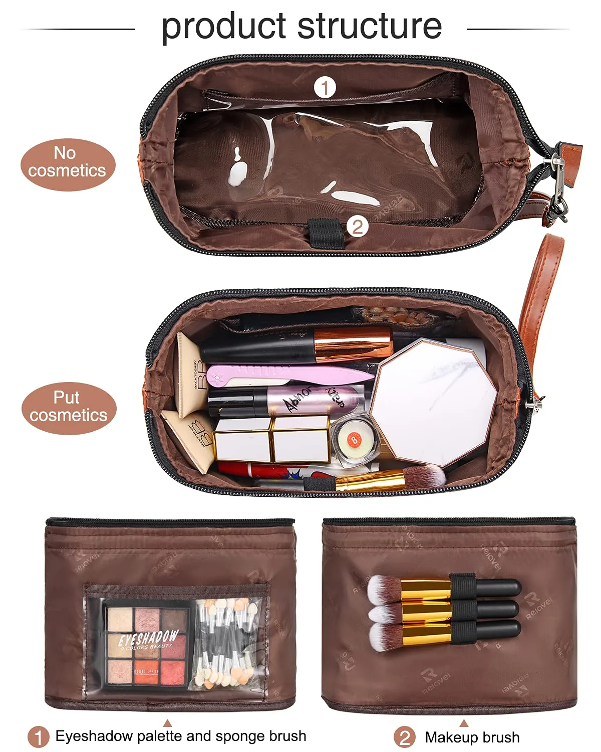 Relavel Travel Makeup Bag, Cosmetic Bag Makeup Organizer Bag Zipper Pouch for Purse Large Capacity Toiletry Bag Portable Waterproof Travel Accessories Skincare Make Up Bag (Brown), 1-Small