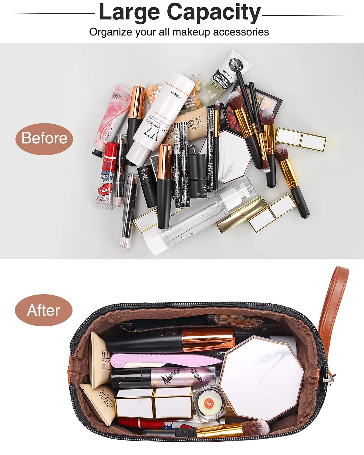 Relavel Travel Makeup Bag, Cosmetic Bag Makeup Organizer Bag Zipper Pouch for Purse Large Capacity Toiletry Bag Portable Waterproof Travel Accessories Skincare Make Up Bag (Brown), 1-Small