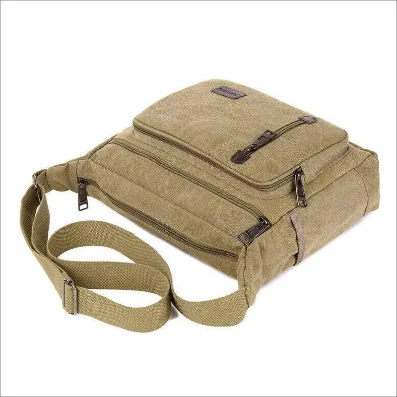 Retro Canvas Messenger Shoulder Bag for Men Travel Crossbody Satchel with Zippers