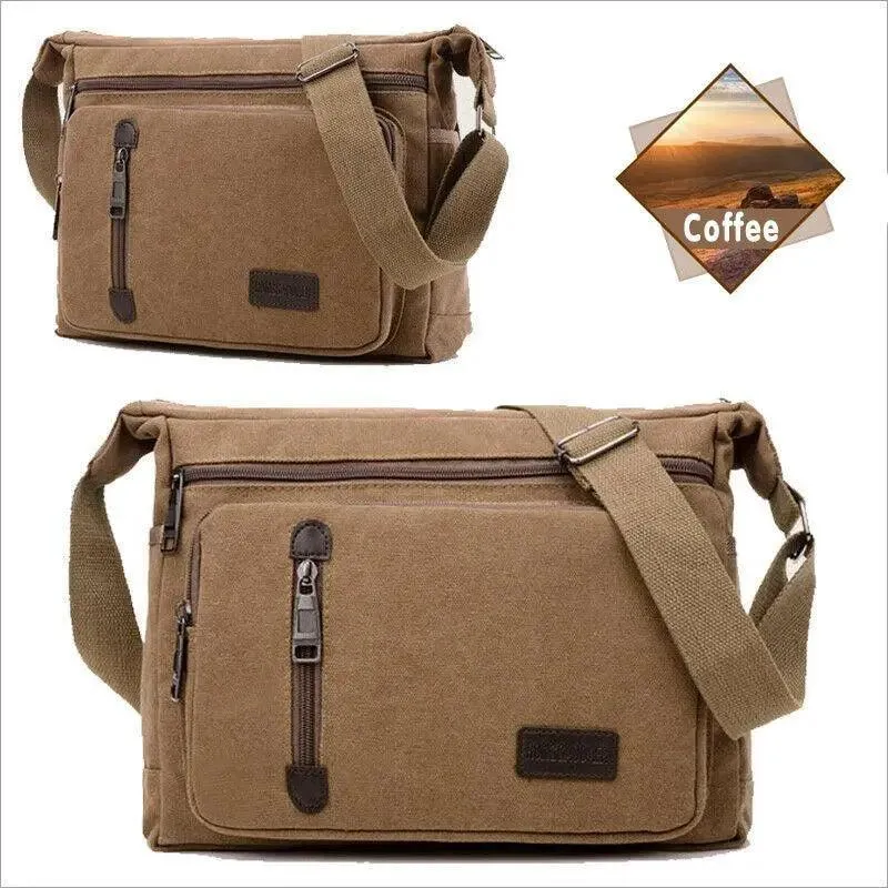 Retro Canvas Messenger Shoulder Bag for Men Travel Crossbody Satchel with Zippers