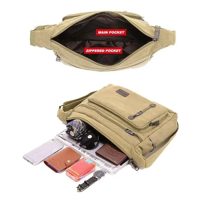 Retro Canvas Messenger Shoulder Bag for Men Travel Crossbody Satchel with Zippers