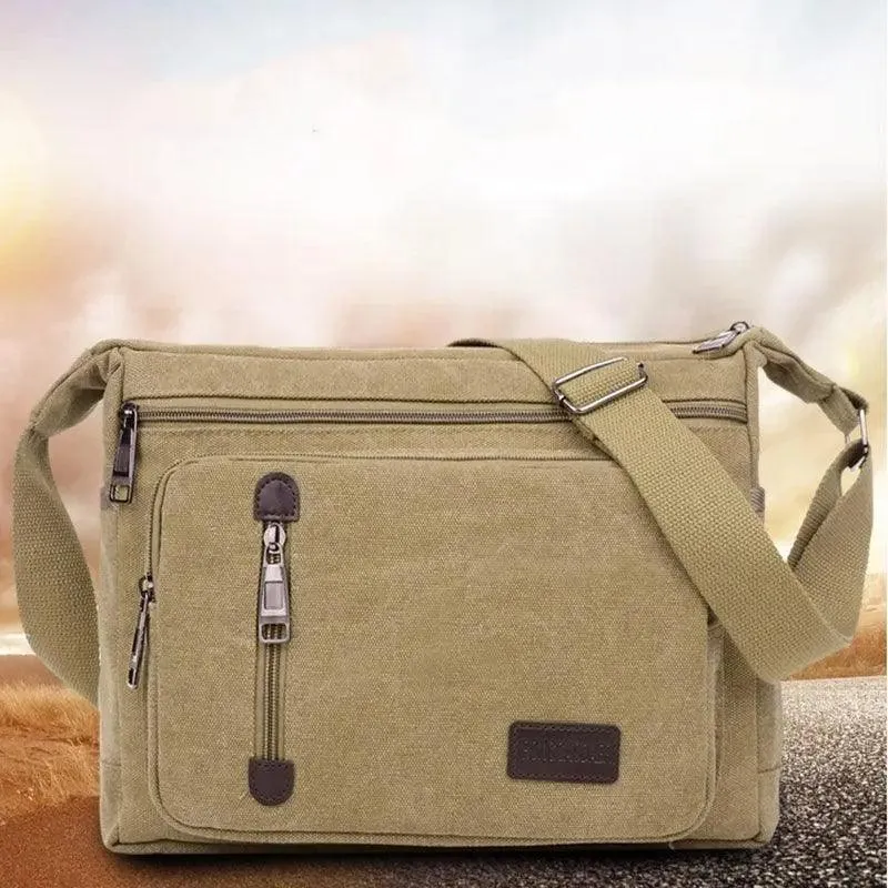 Retro Canvas Messenger Shoulder Bag for Men Travel Crossbody Satchel with Zippers