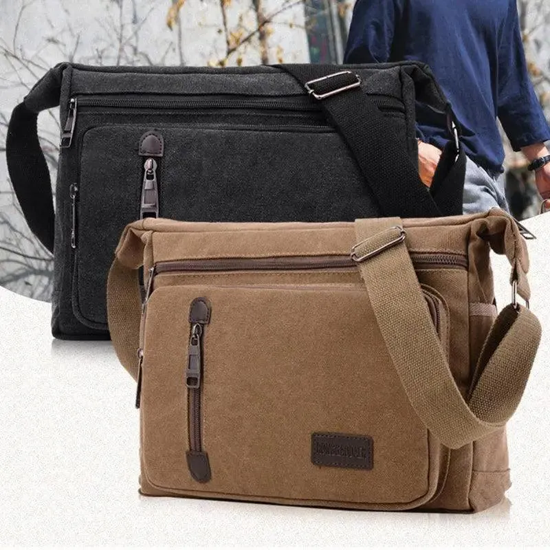 Retro Canvas Messenger Shoulder Bag for Men Travel Crossbody Satchel with Zippers
