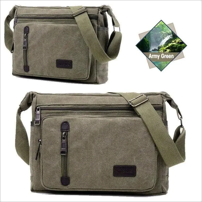 Retro Canvas Messenger Shoulder Bag for Men Travel Crossbody Satchel with Zippers