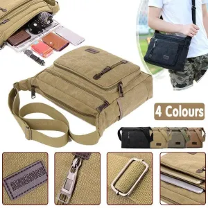 Retro Canvas Messenger Shoulder Bag for Men Travel Crossbody Satchel with Zippers