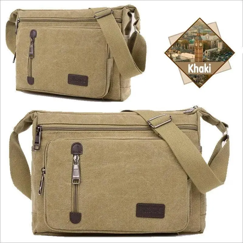 Retro Canvas Messenger Shoulder Bag for Men Travel Crossbody Satchel with Zippers
