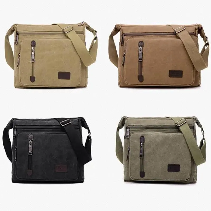 Retro Canvas Messenger Shoulder Bag for Men Travel Crossbody Satchel with Zippers