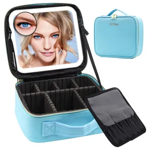 RRtide Travel Makeup Bag with Large Lighted Mirror, 3 Color Scenarios Lighted Makeup Organizer Case with Adjustable Dividers and Brush Board, Cosmetic Make up Storage Case for Women