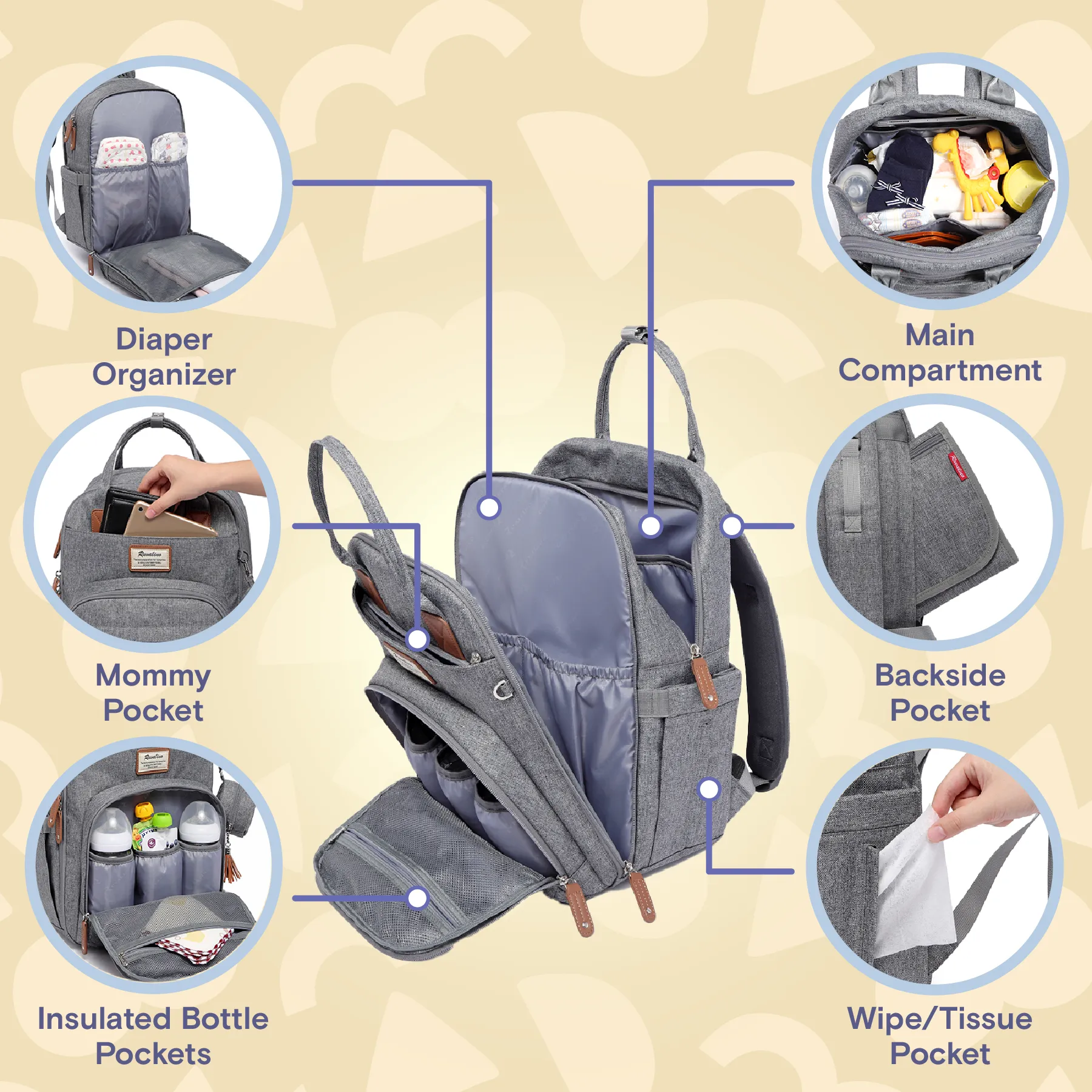 Ruvalino Neutral All-in-One Baby Bags - Light Gray
