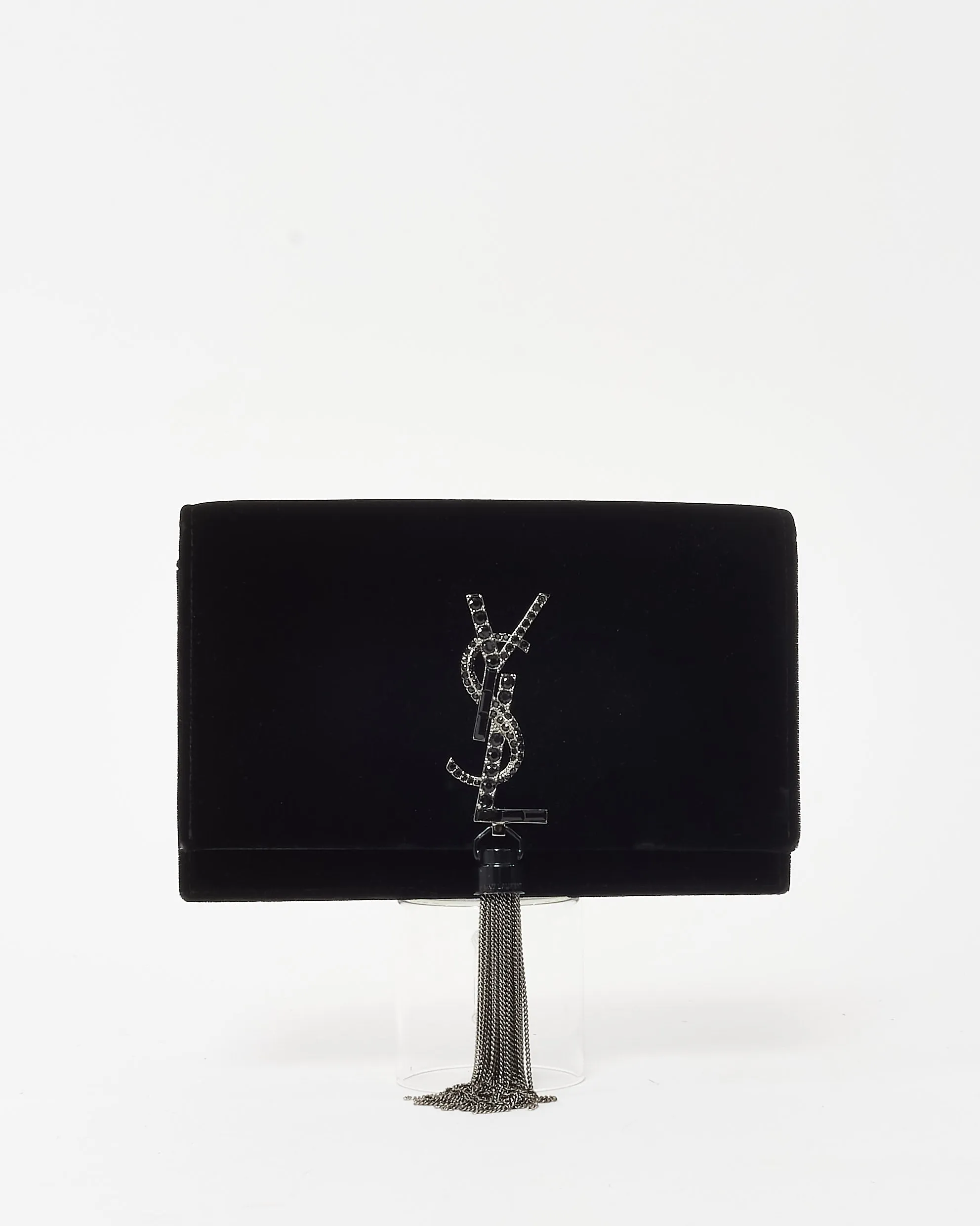 Saint Laurent Black Velvet Small Crystal Embellished YSL Logo Kate Tassel Crossbody Bag