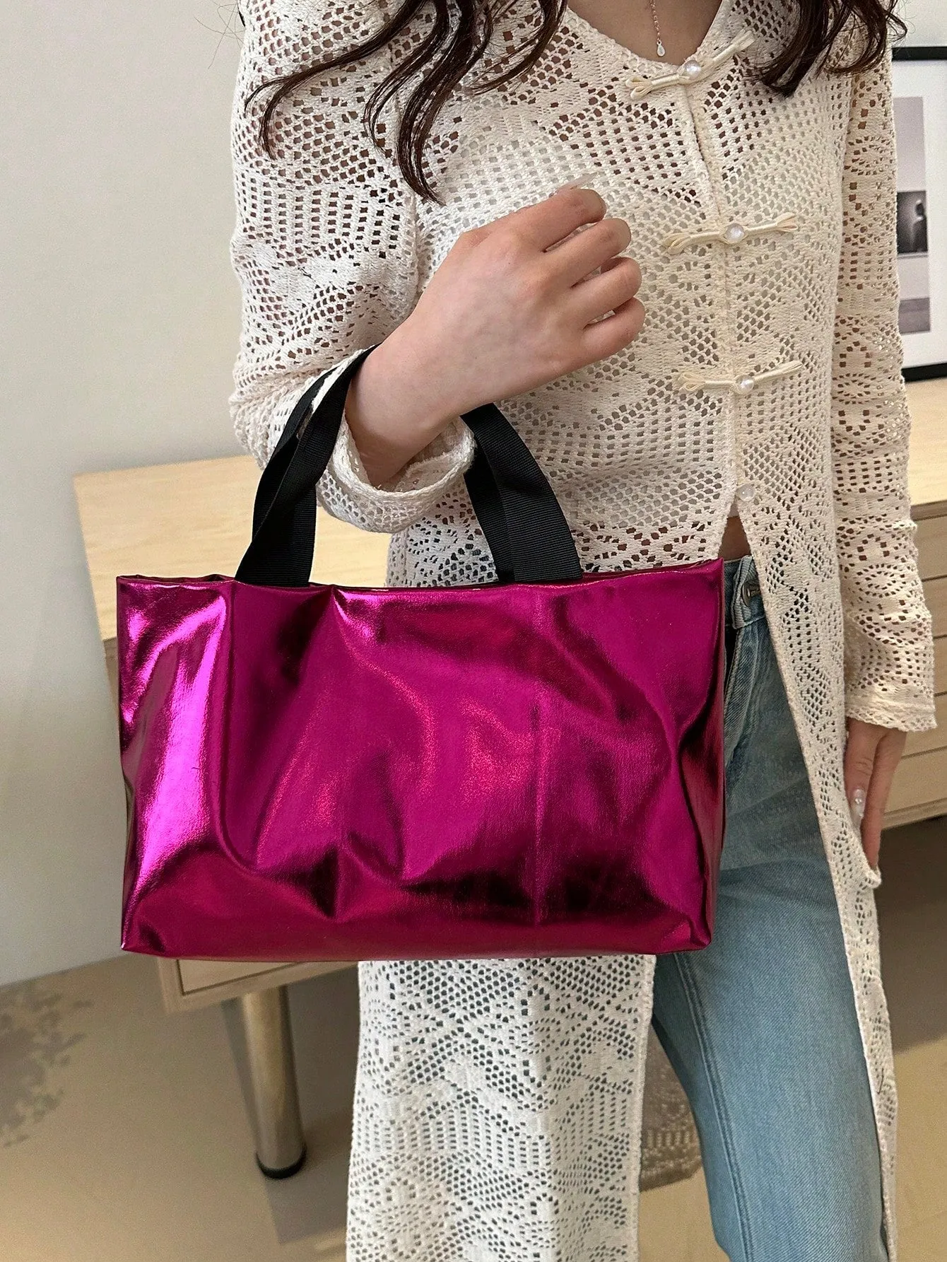 Shiny Laser Bag Candy Color Large Handbag Tote Bag For Women, College Students, Shopping And Commuting