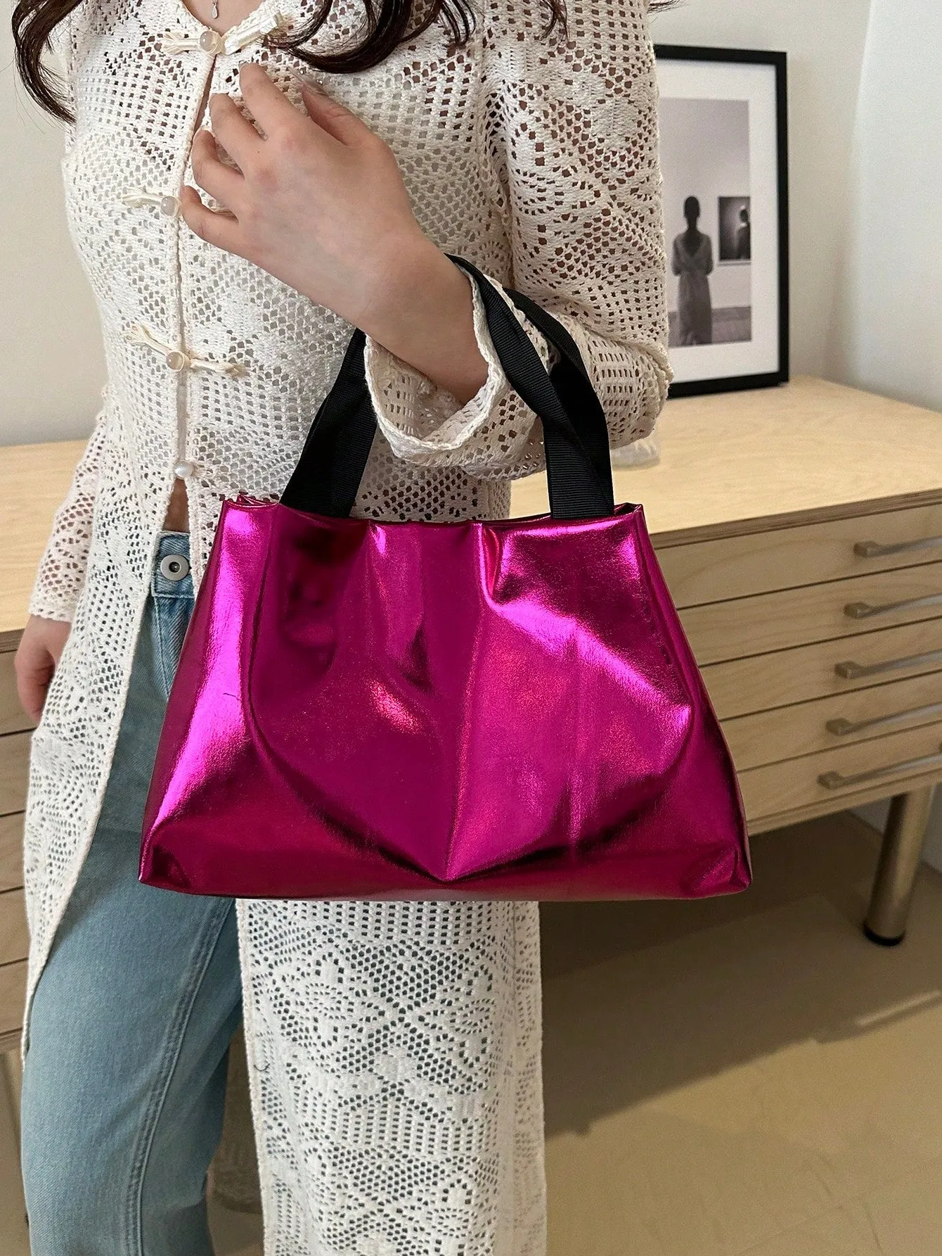 Shiny Laser Bag Candy Color Large Handbag Tote Bag For Women, College Students, Shopping And Commuting