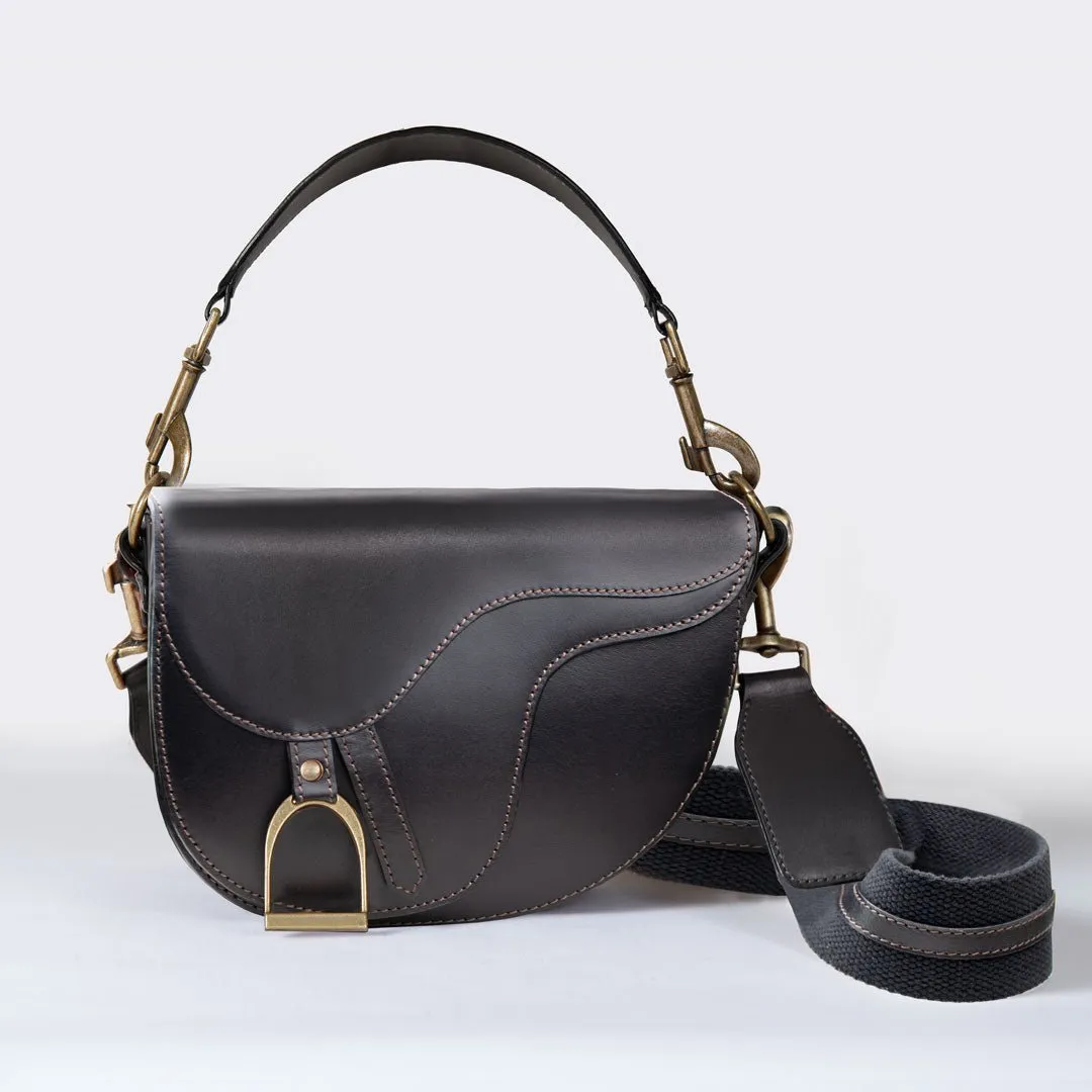 Signature Saddle Bag Black Italian Leather & Brass Crossbody Bag
