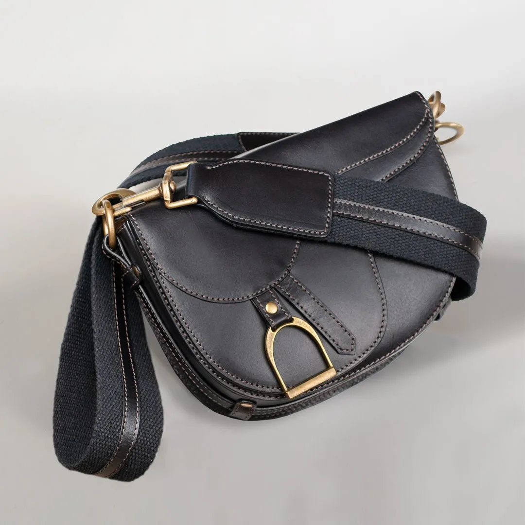 Signature Saddle Bag Black Italian Leather & Brass Crossbody Bag