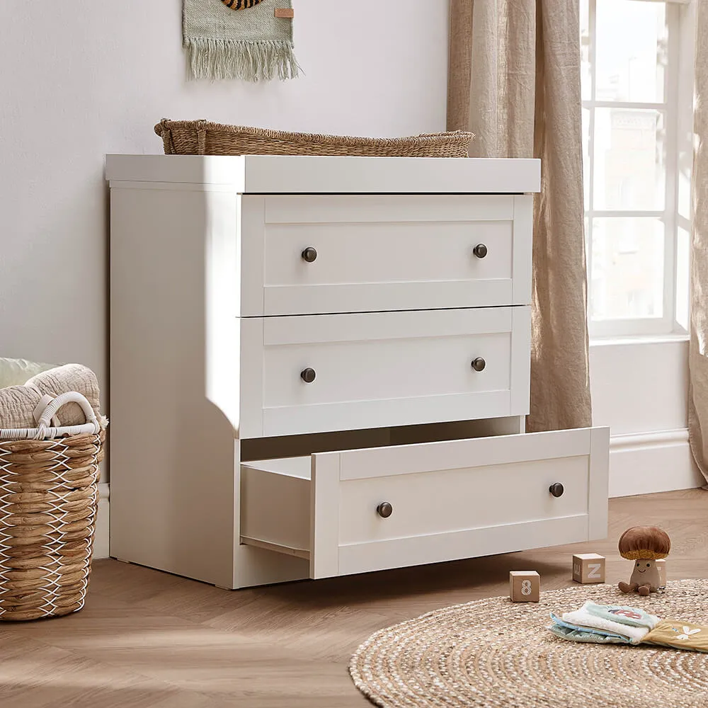 Silver Cross Bromley 3 Piece Nursery Furniture Set with Convertible Cot to Toddler Bed, Dresser & Wardrobe - White
