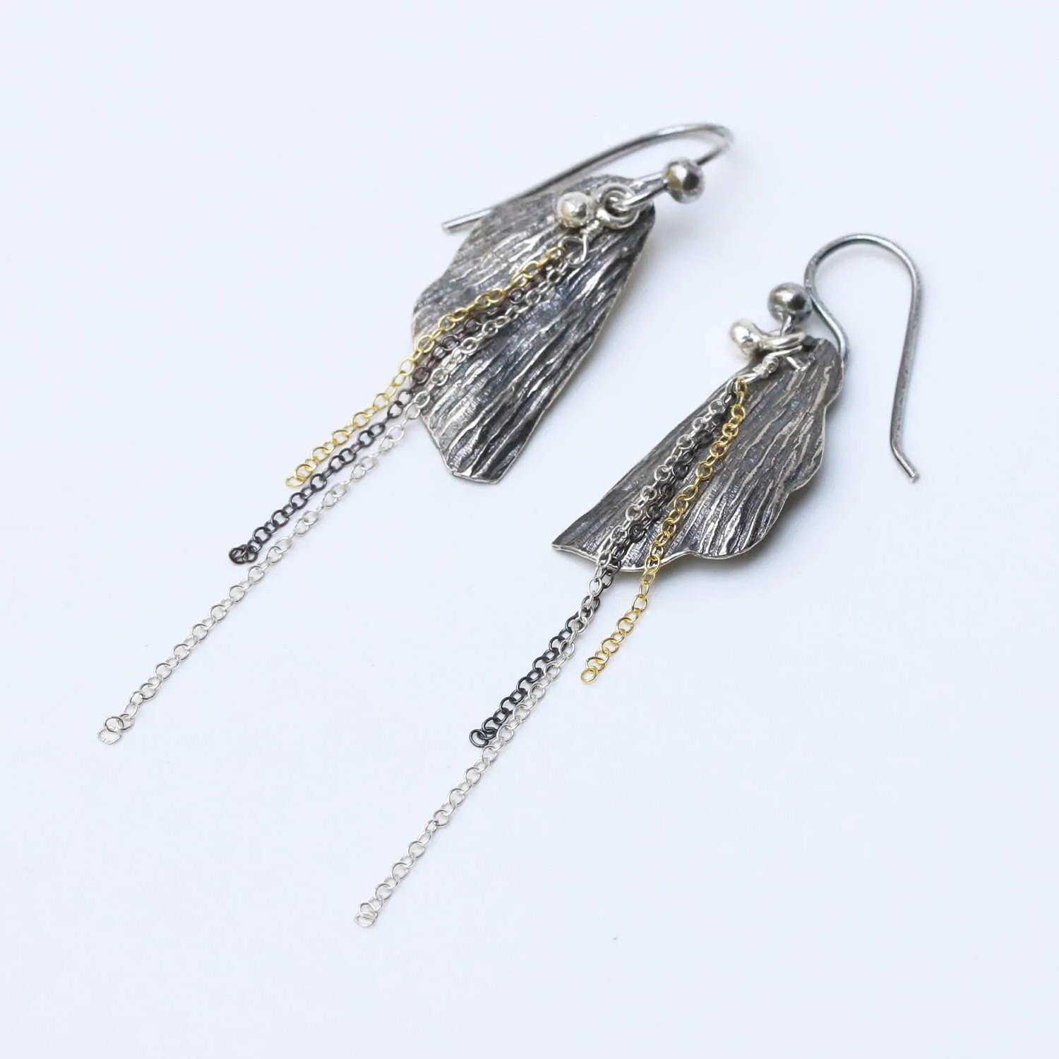 Silver leaf dangle earrings with silver chain set and oxidized silver hooks on the top