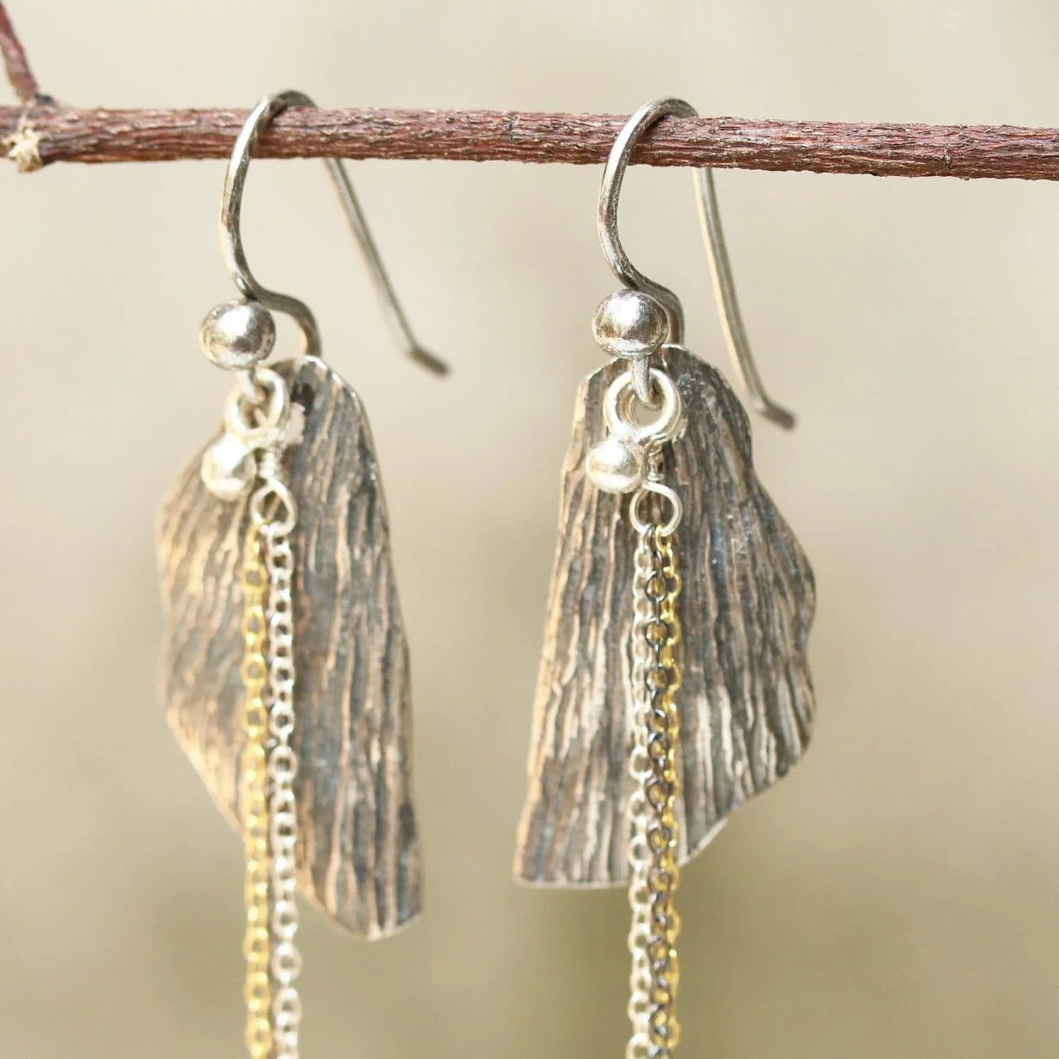Silver leaf dangle earrings with silver chain set and oxidized silver hooks on the top