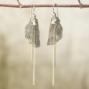 Silver leaf dangle earrings with silver chain set and oxidized silver hooks on the top