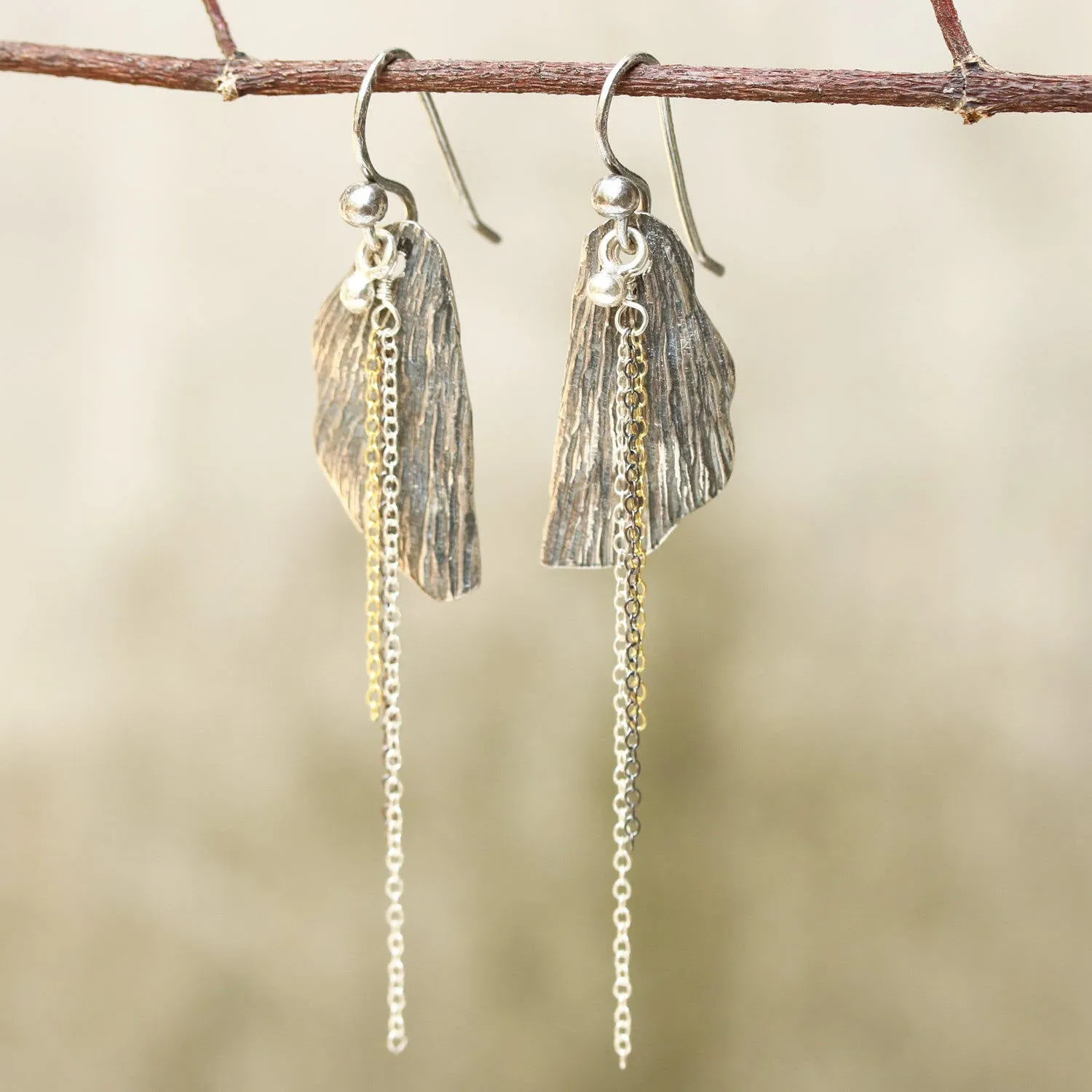 Silver leaf dangle earrings with silver chain set and oxidized silver hooks on the top