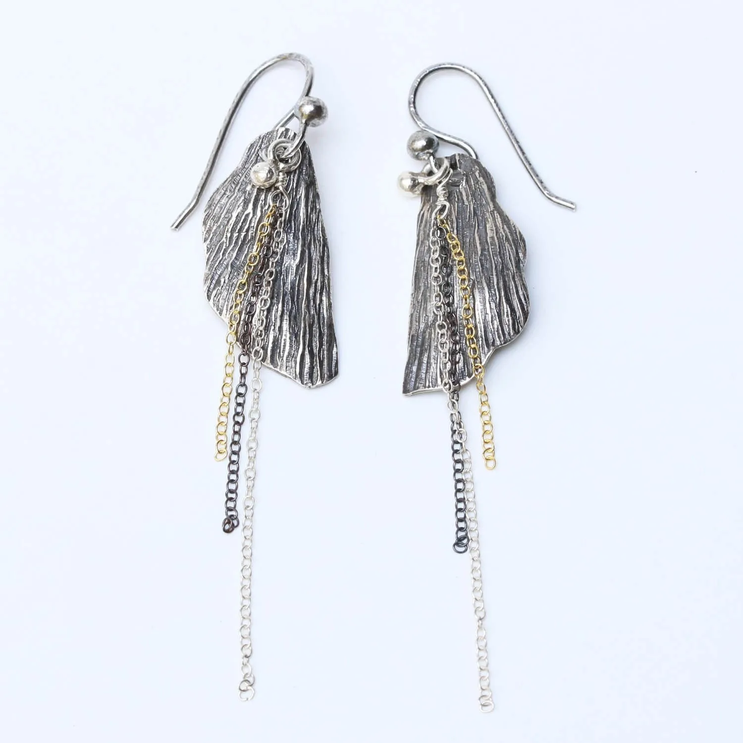 Silver leaf dangle earrings with silver chain set and oxidized silver hooks on the top