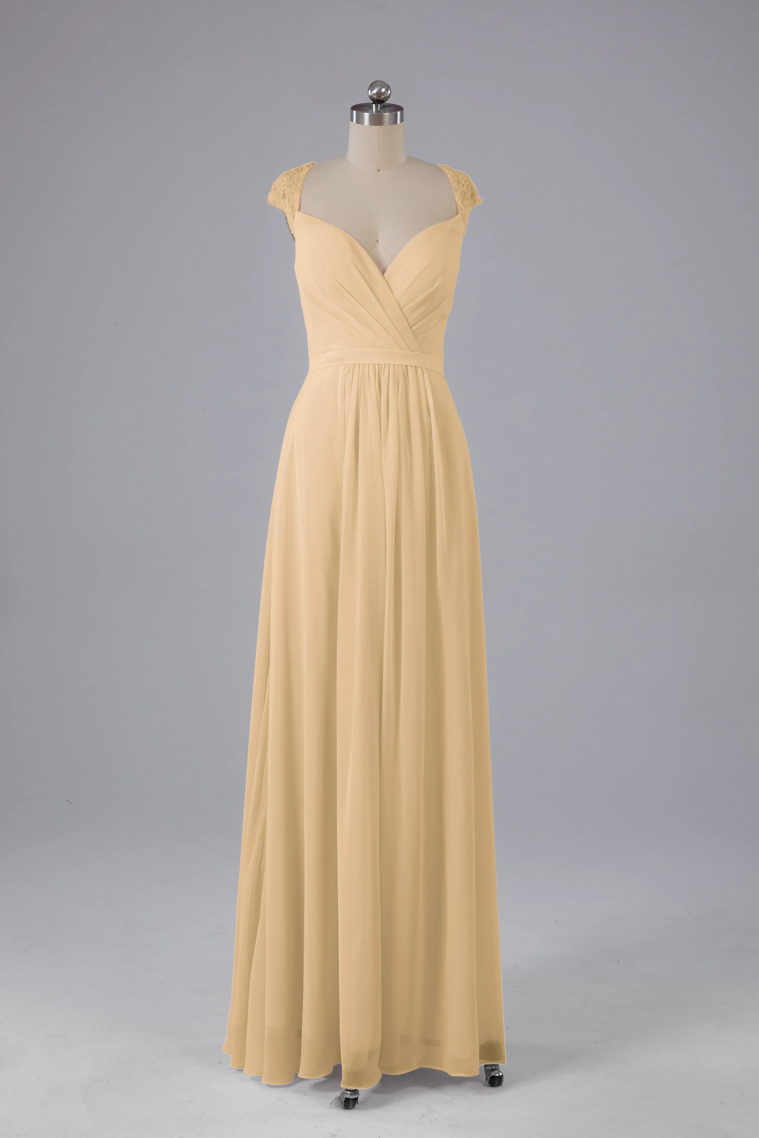 Simple Cap Sleeves Chiffon Floor Length Bridesmaid Dresses