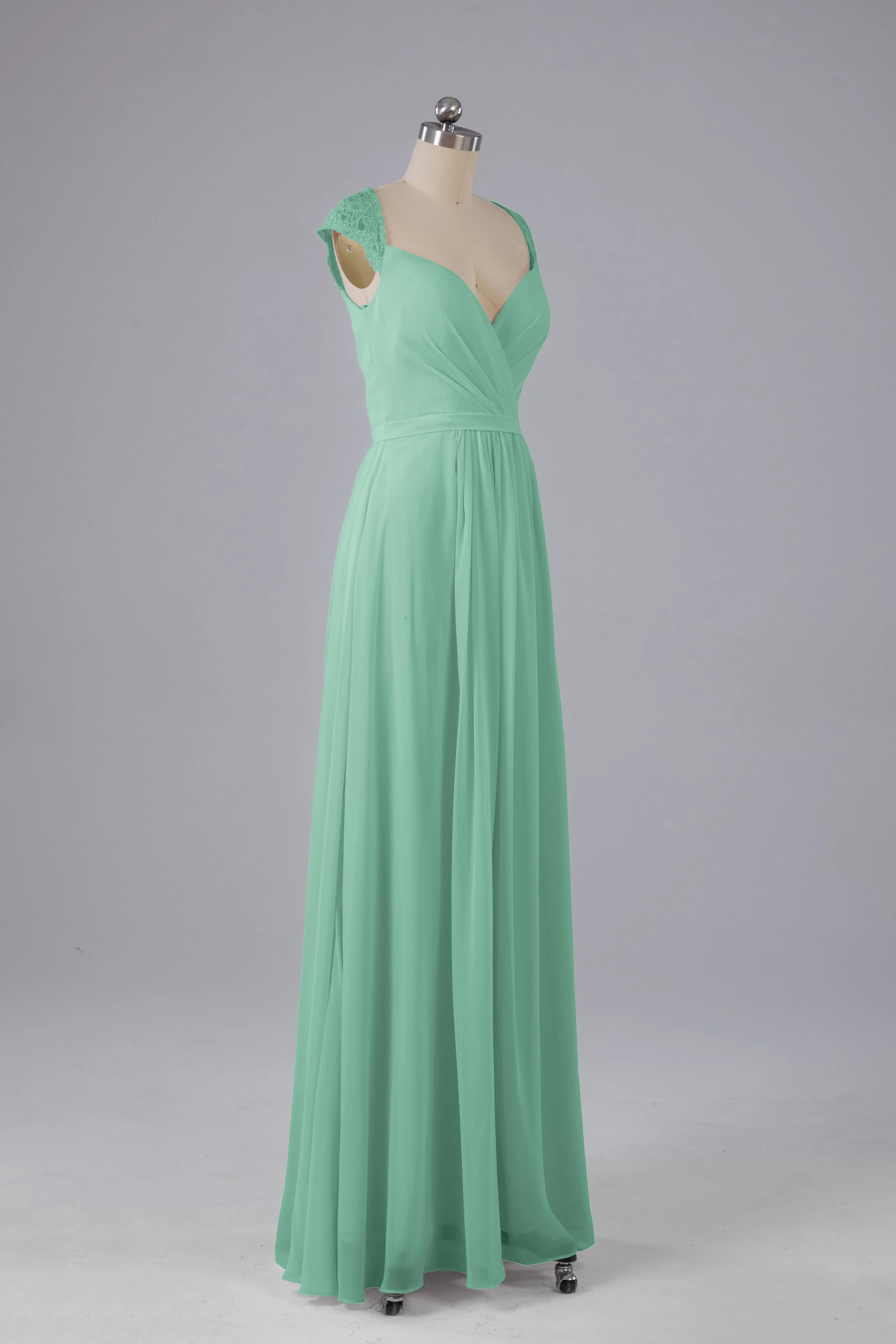 Simple Cap Sleeves Chiffon Floor Length Bridesmaid Dresses