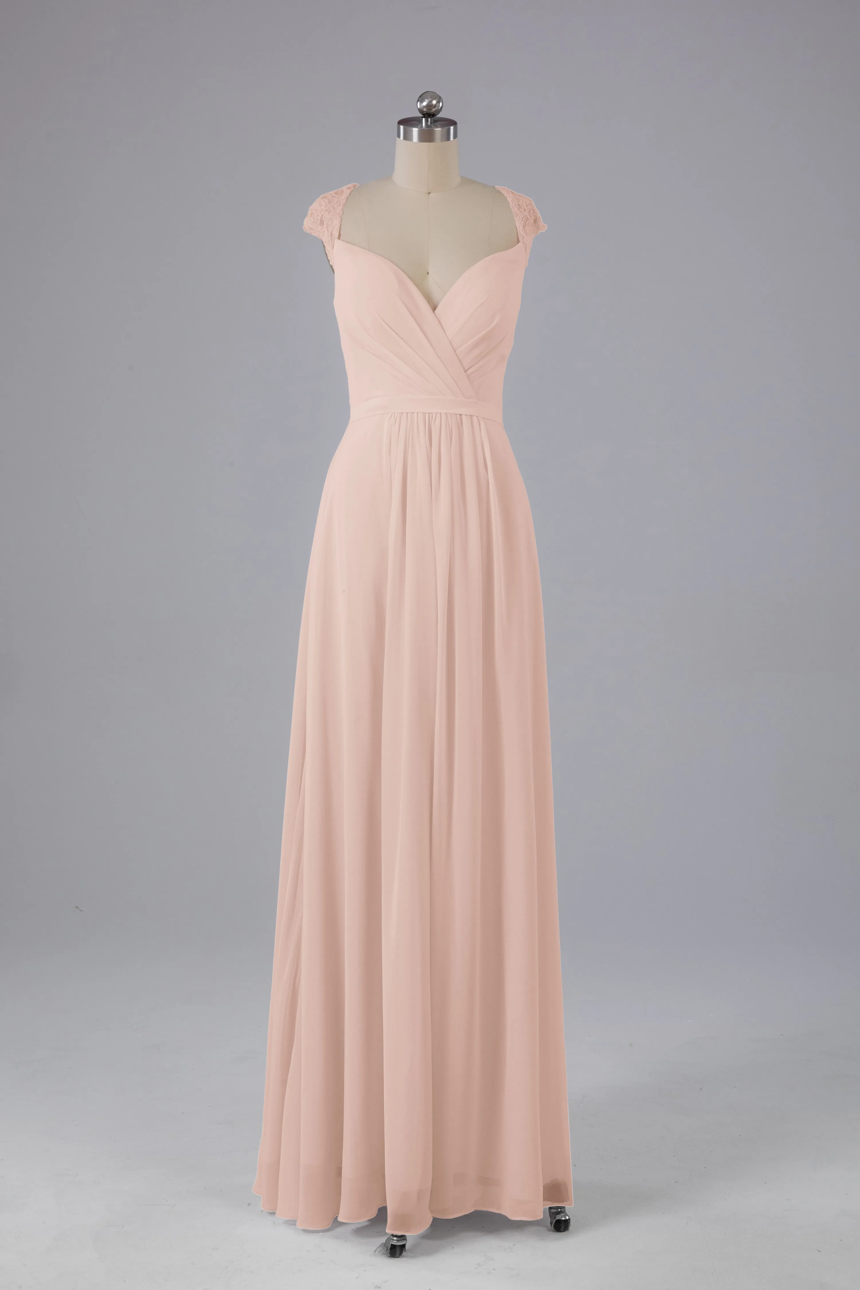 Simple Cap Sleeves Chiffon Floor Length Bridesmaid Dresses