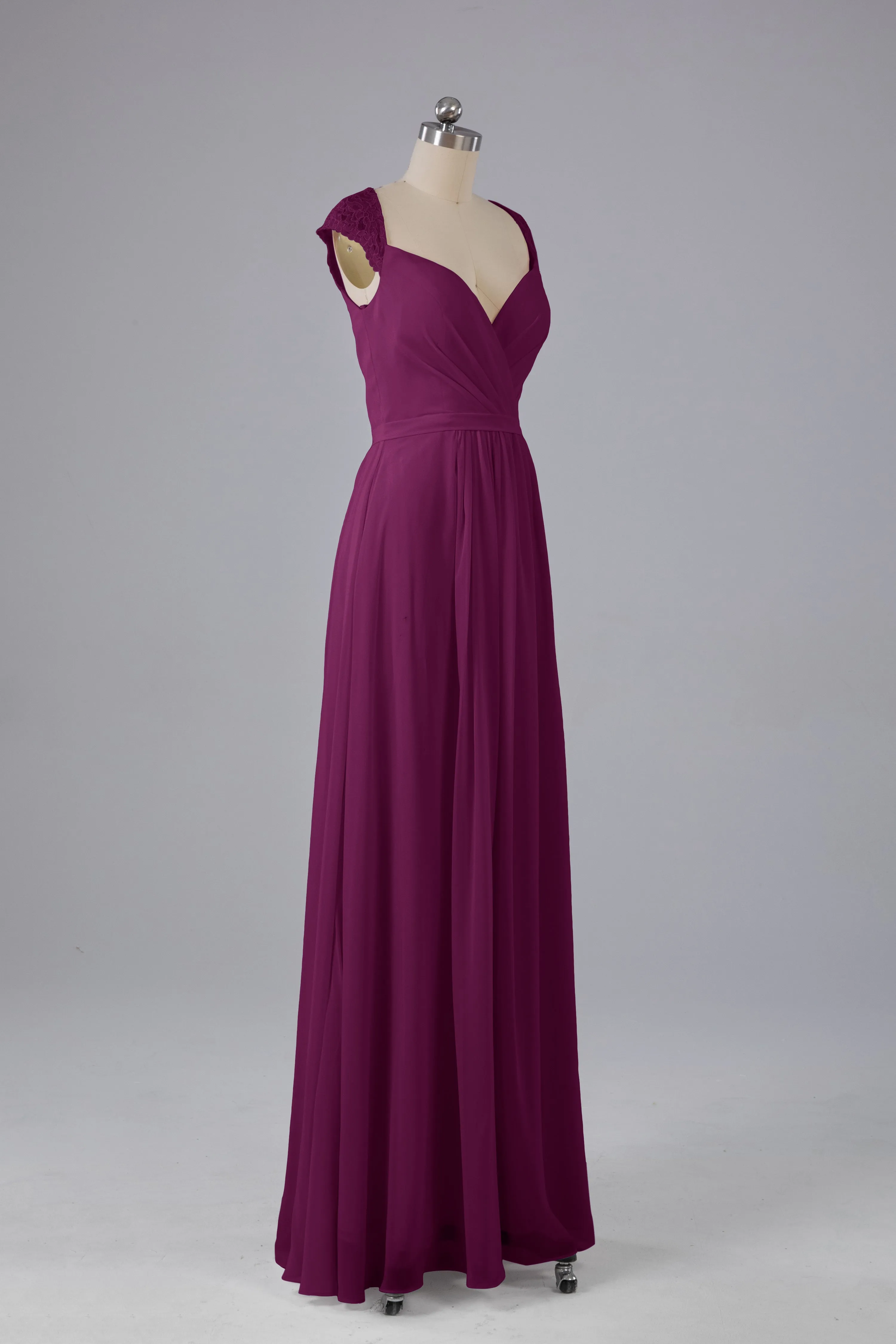 Simple Cap Sleeves Chiffon Floor Length Bridesmaid Dresses