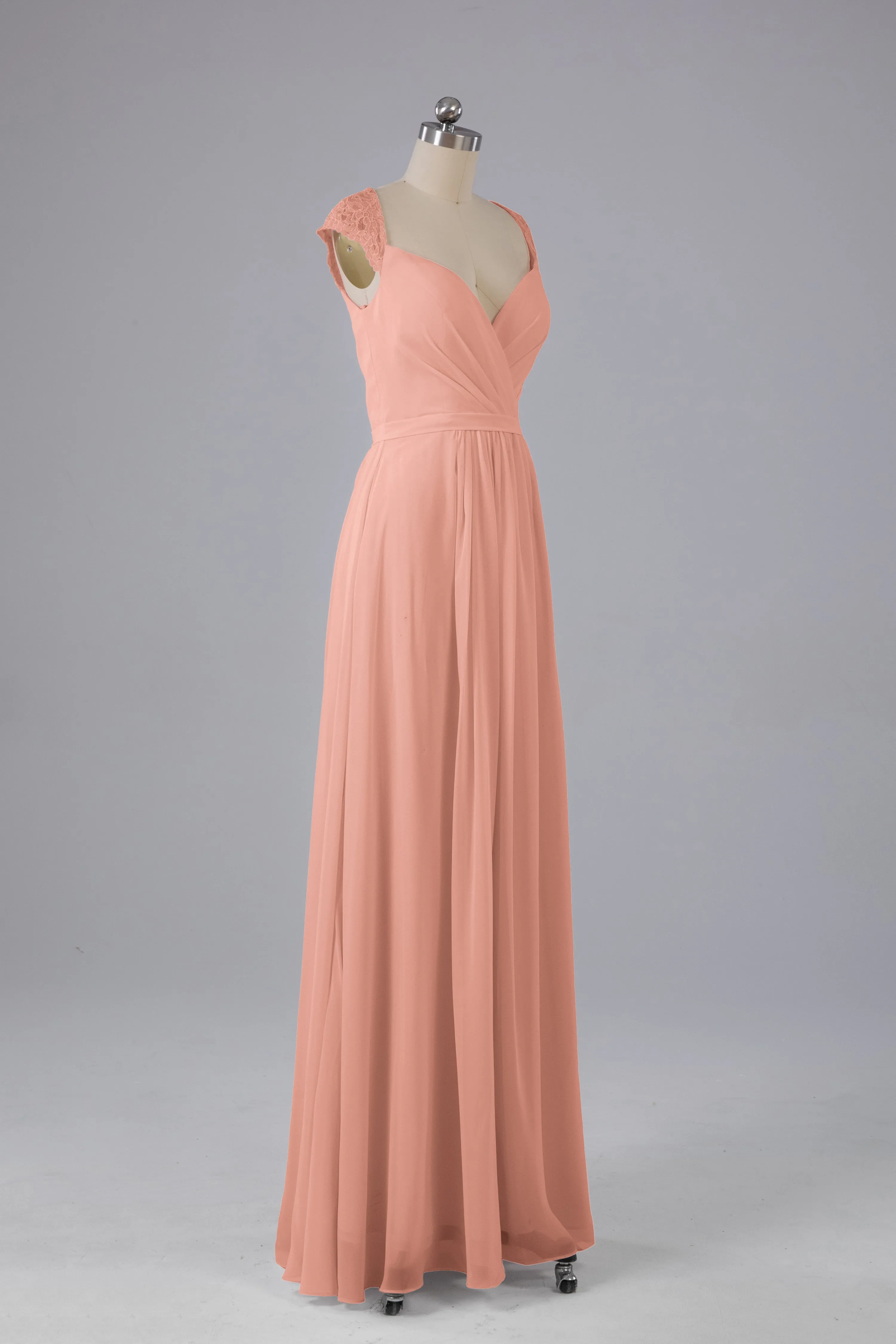 Simple Cap Sleeves Chiffon Floor Length Bridesmaid Dresses