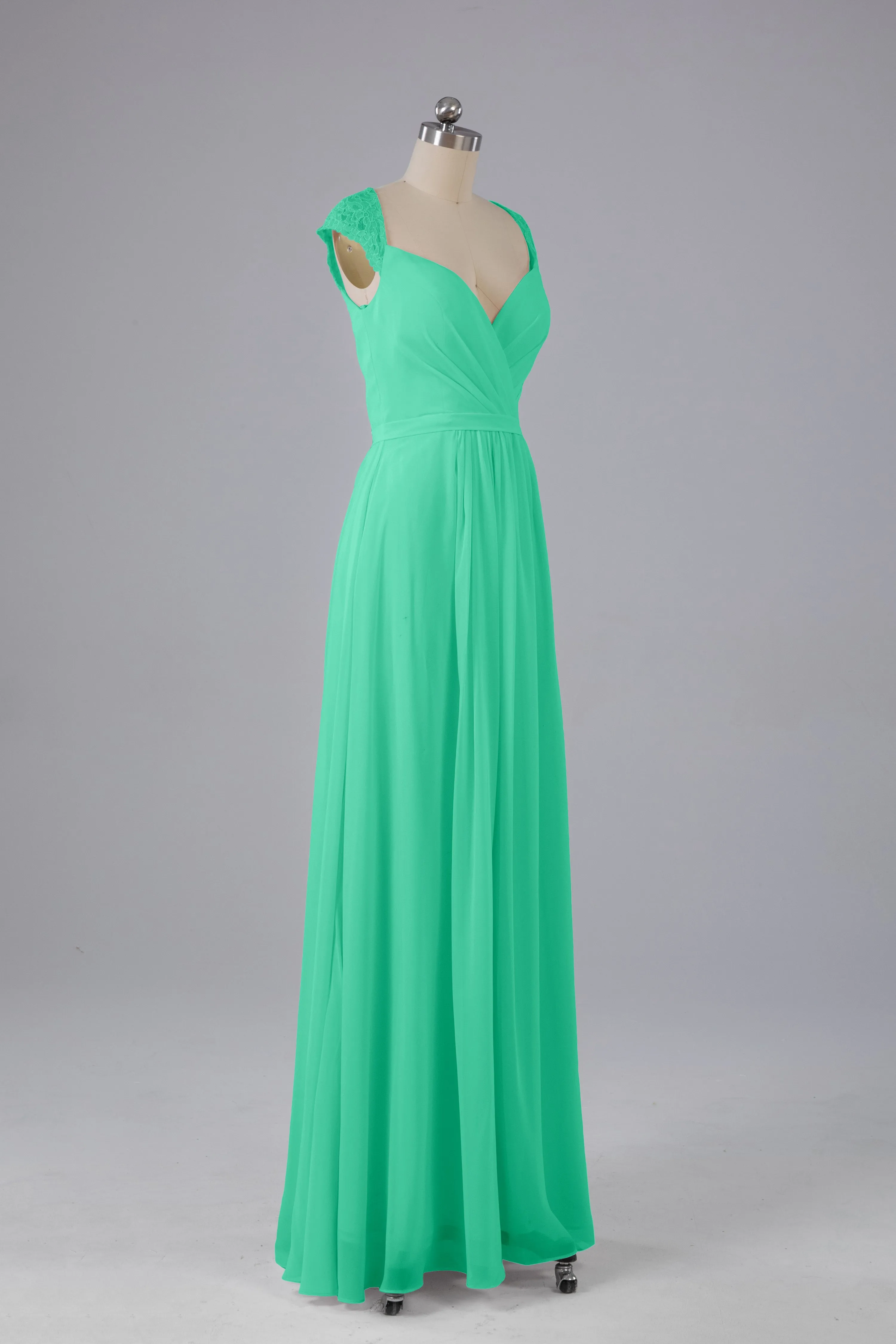 Simple Cap Sleeves Chiffon Floor Length Bridesmaid Dresses