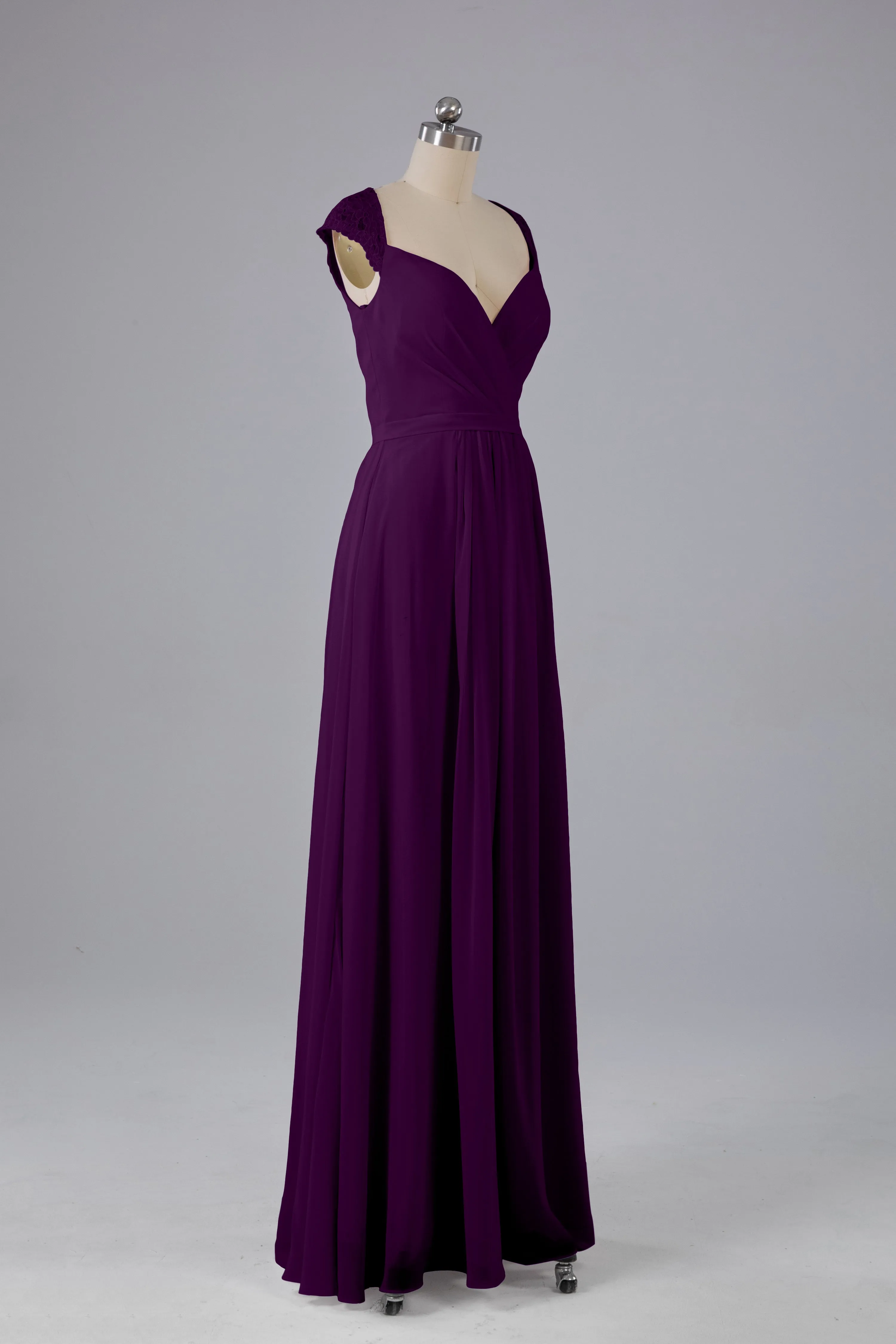 Simple Cap Sleeves Chiffon Floor Length Bridesmaid Dresses