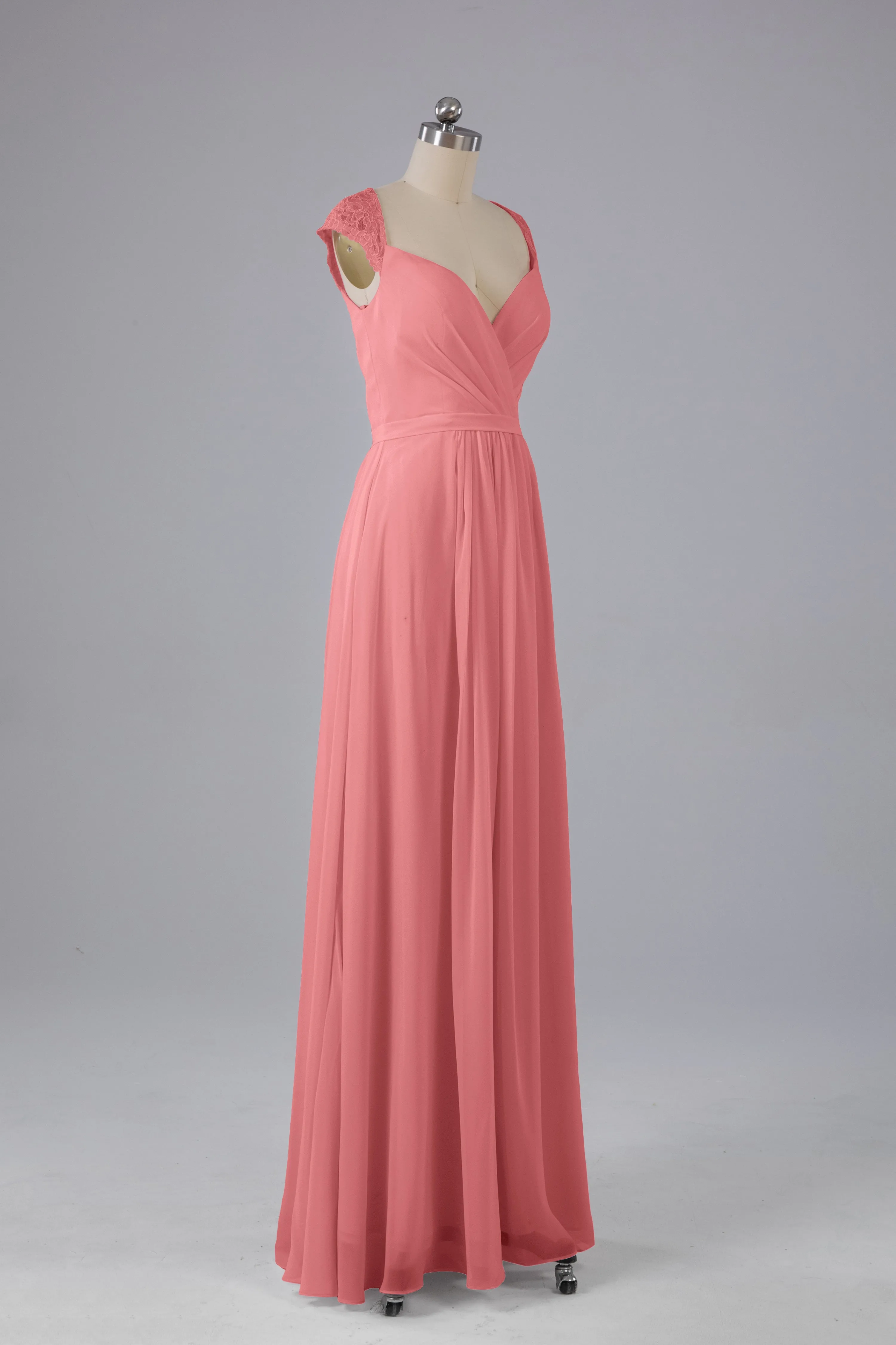 Simple Cap Sleeves Chiffon Floor Length Bridesmaid Dresses