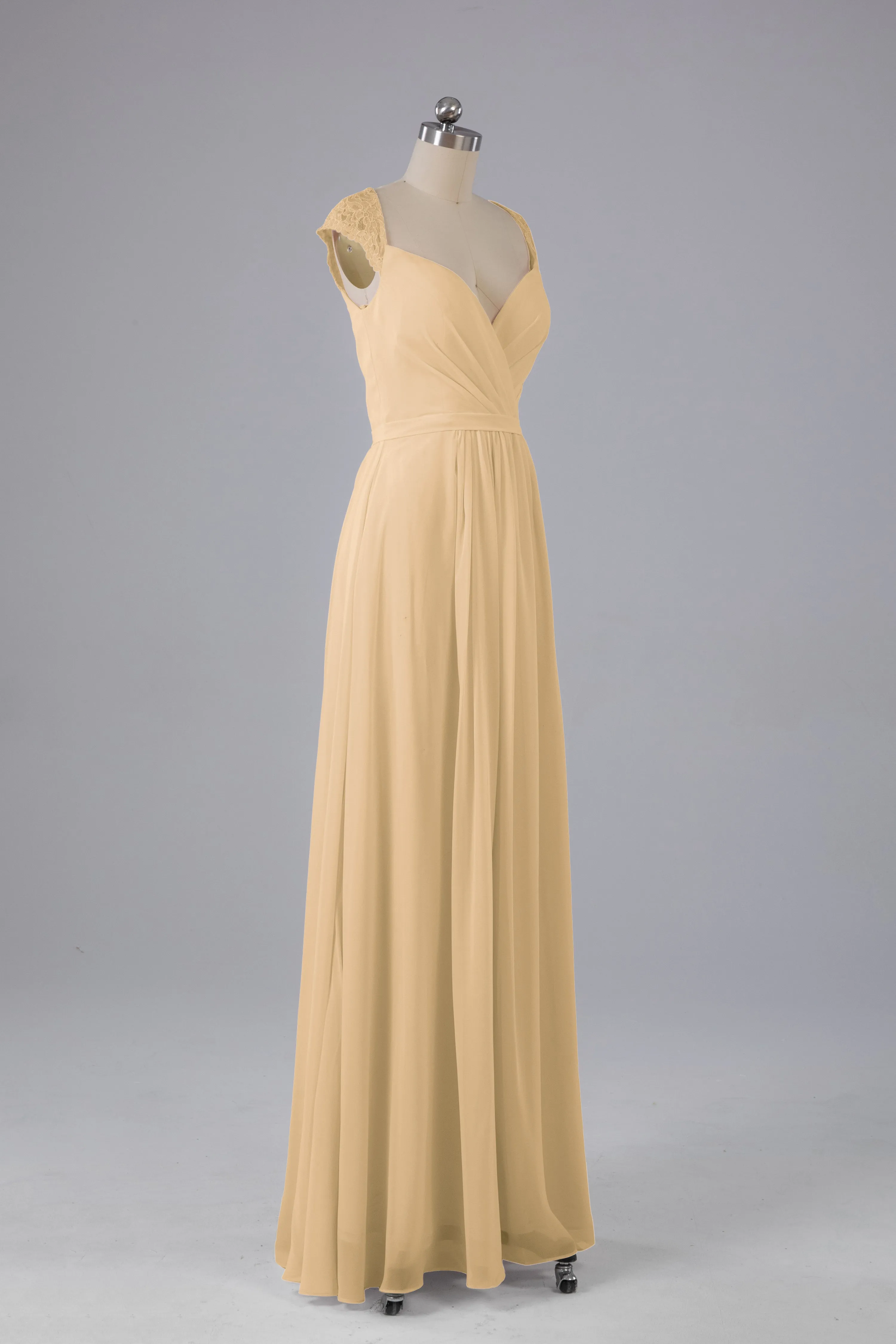 Simple Cap Sleeves Chiffon Floor Length Bridesmaid Dresses