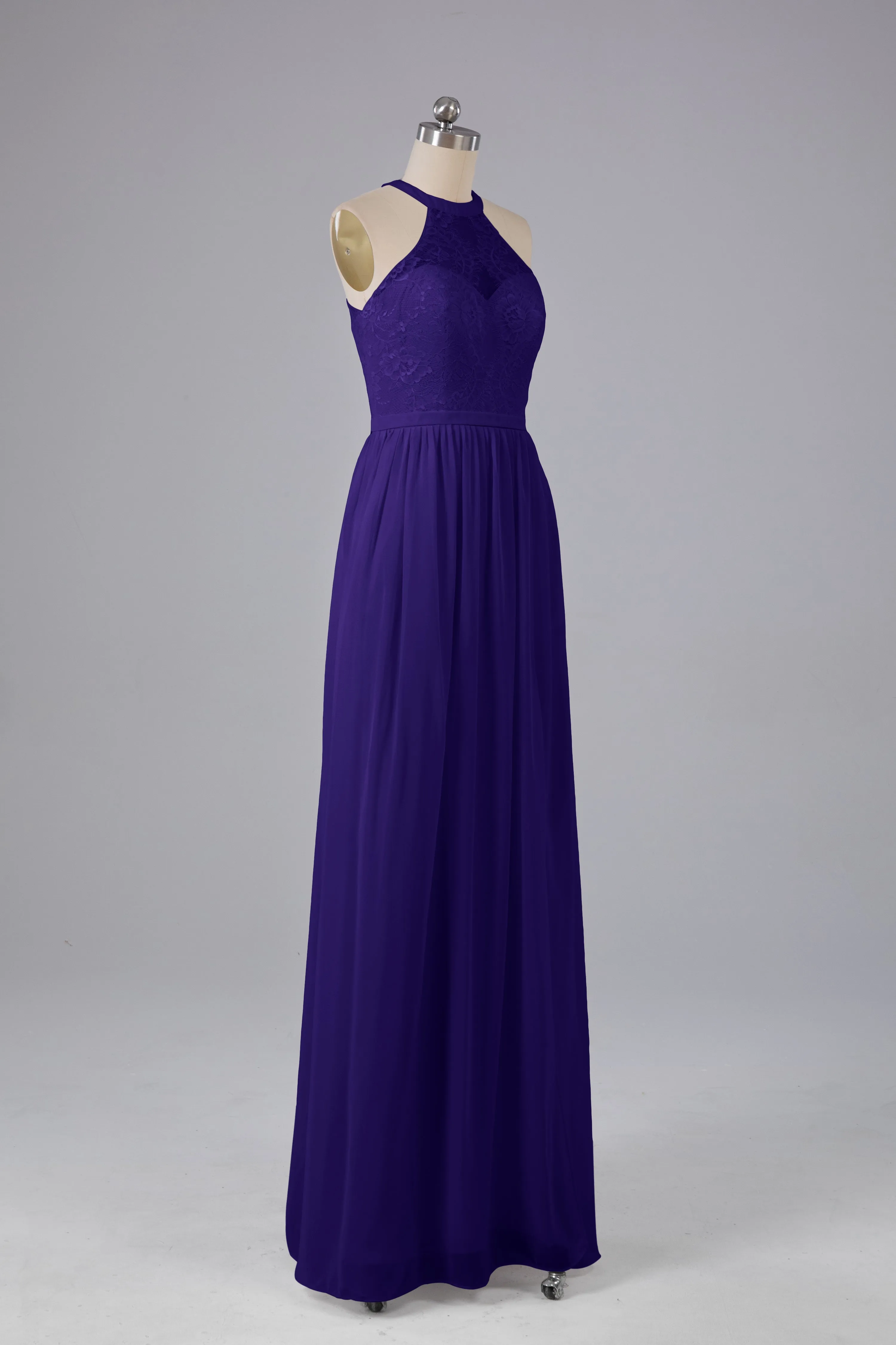 Simple Halter Lace Long Bridesmaid Dresses with Split