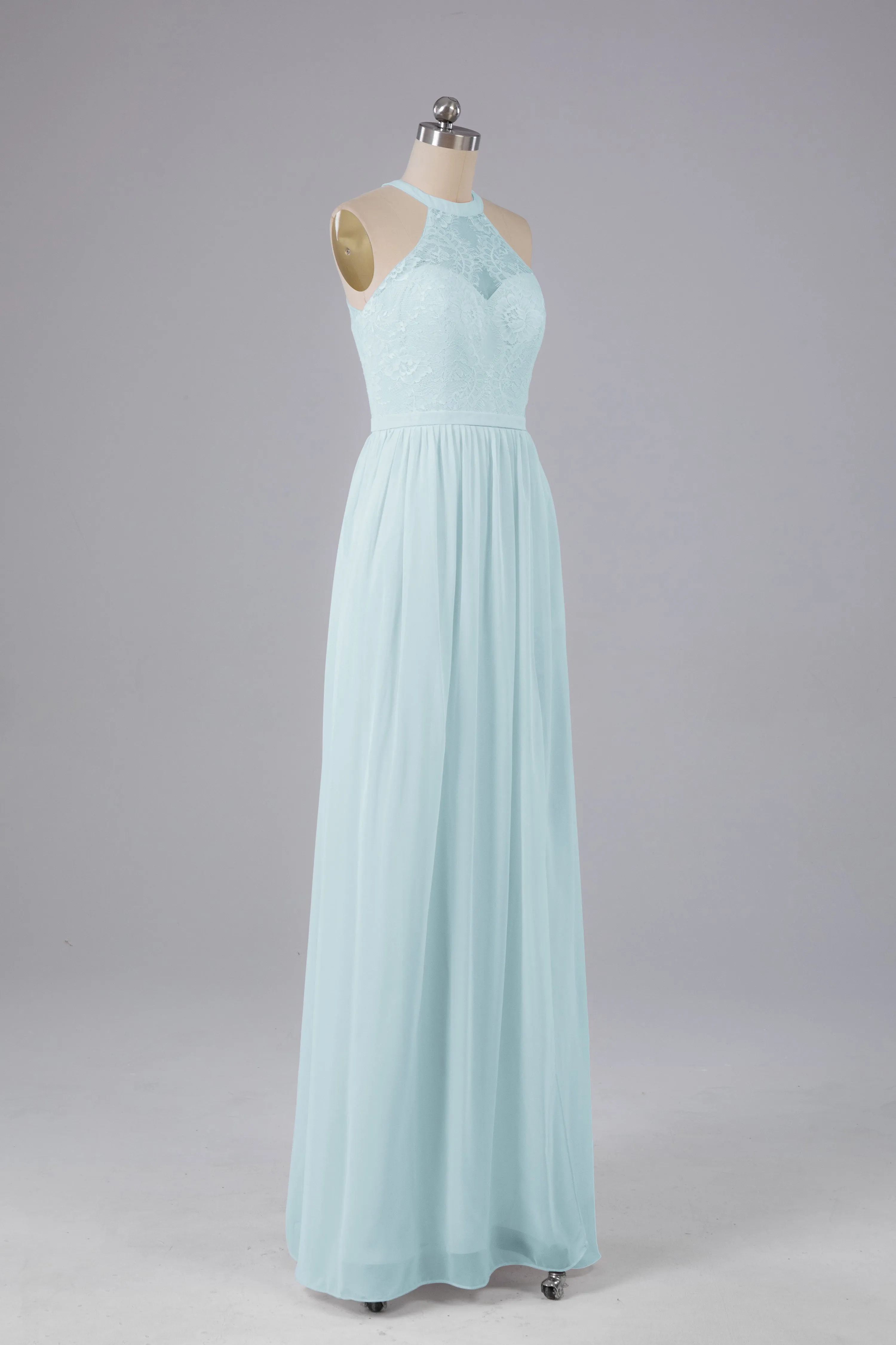 Simple Halter Lace Long Bridesmaid Dresses with Split