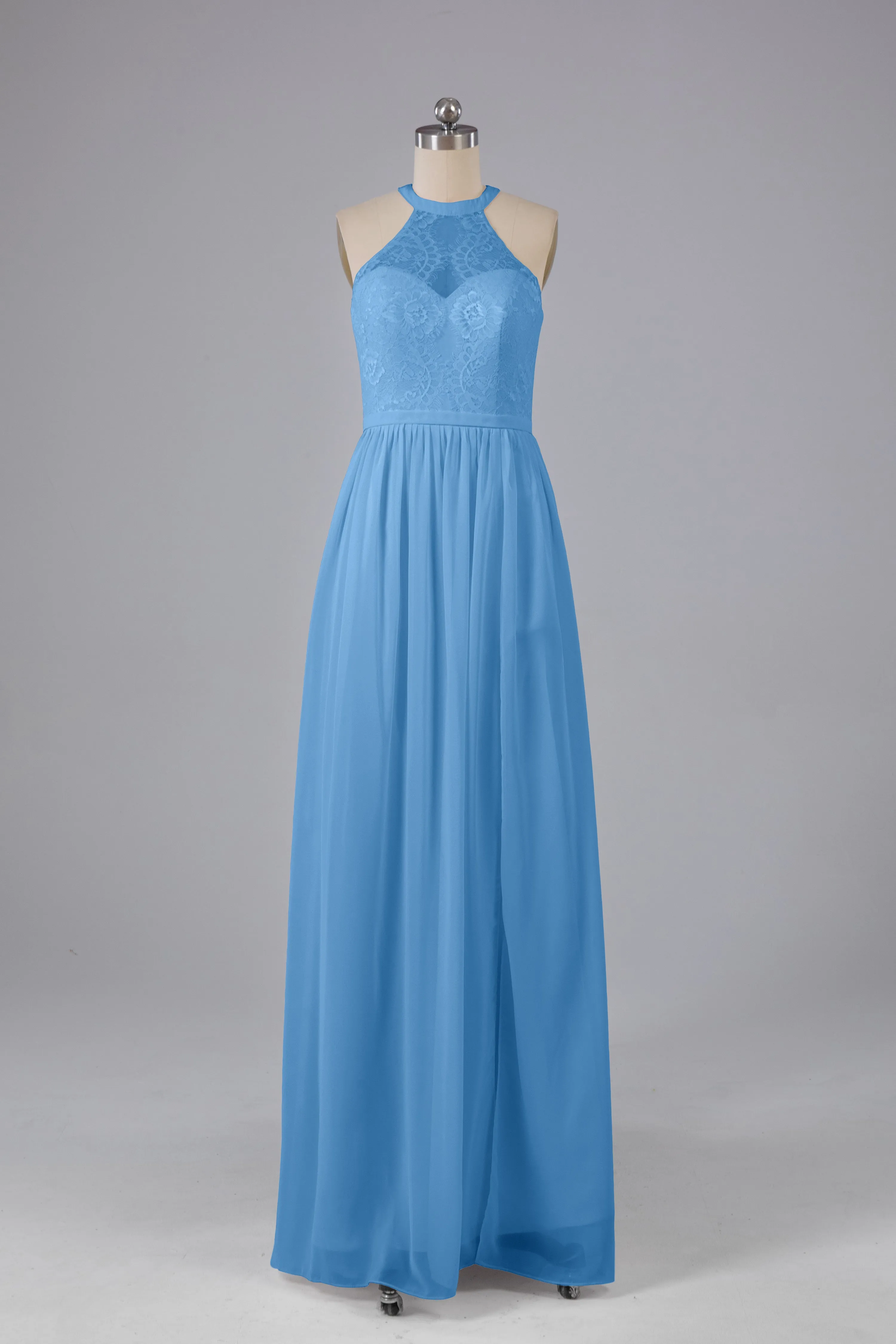 Simple Halter Lace Long Bridesmaid Dresses with Split