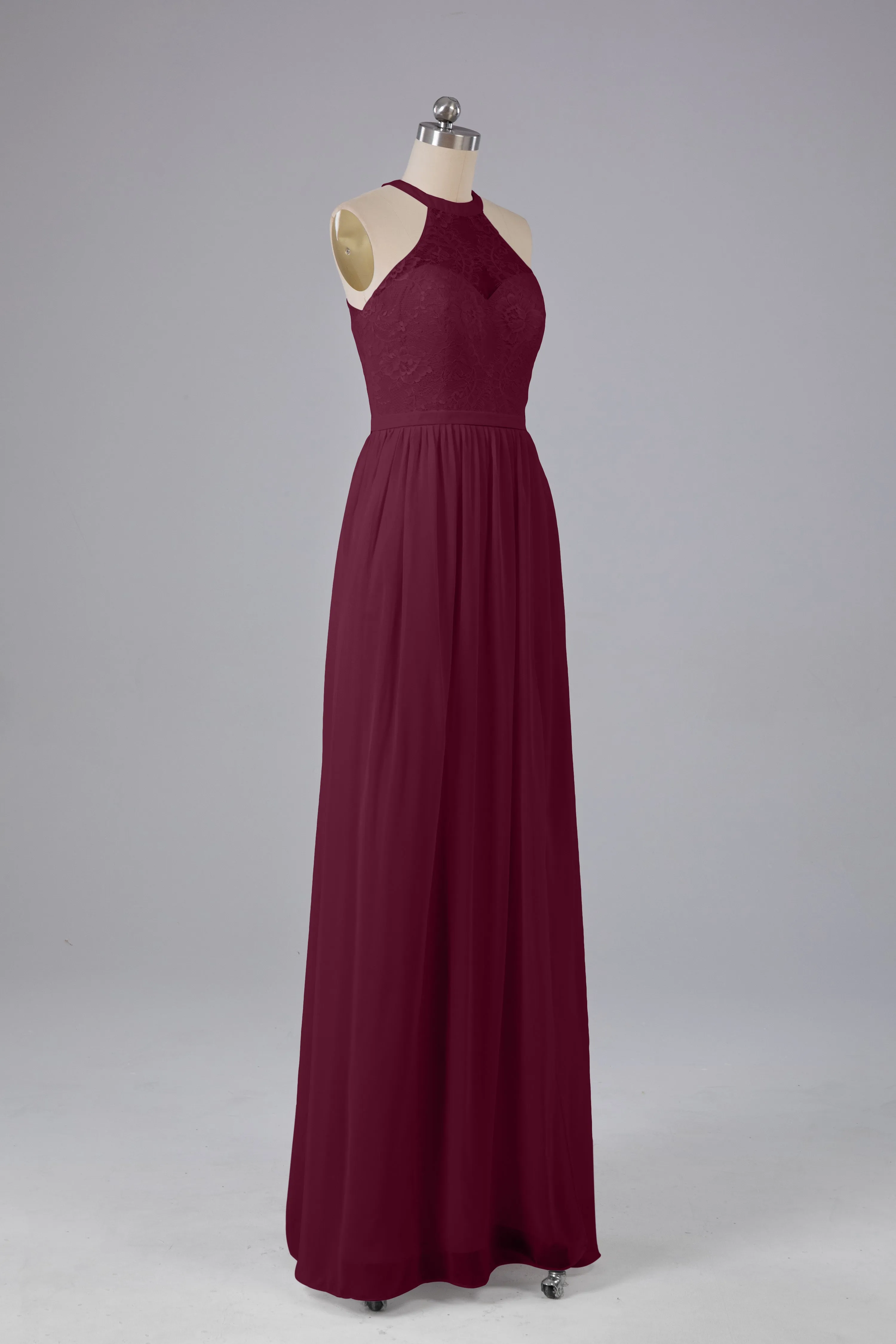 Simple Halter Lace Long Bridesmaid Dresses with Split