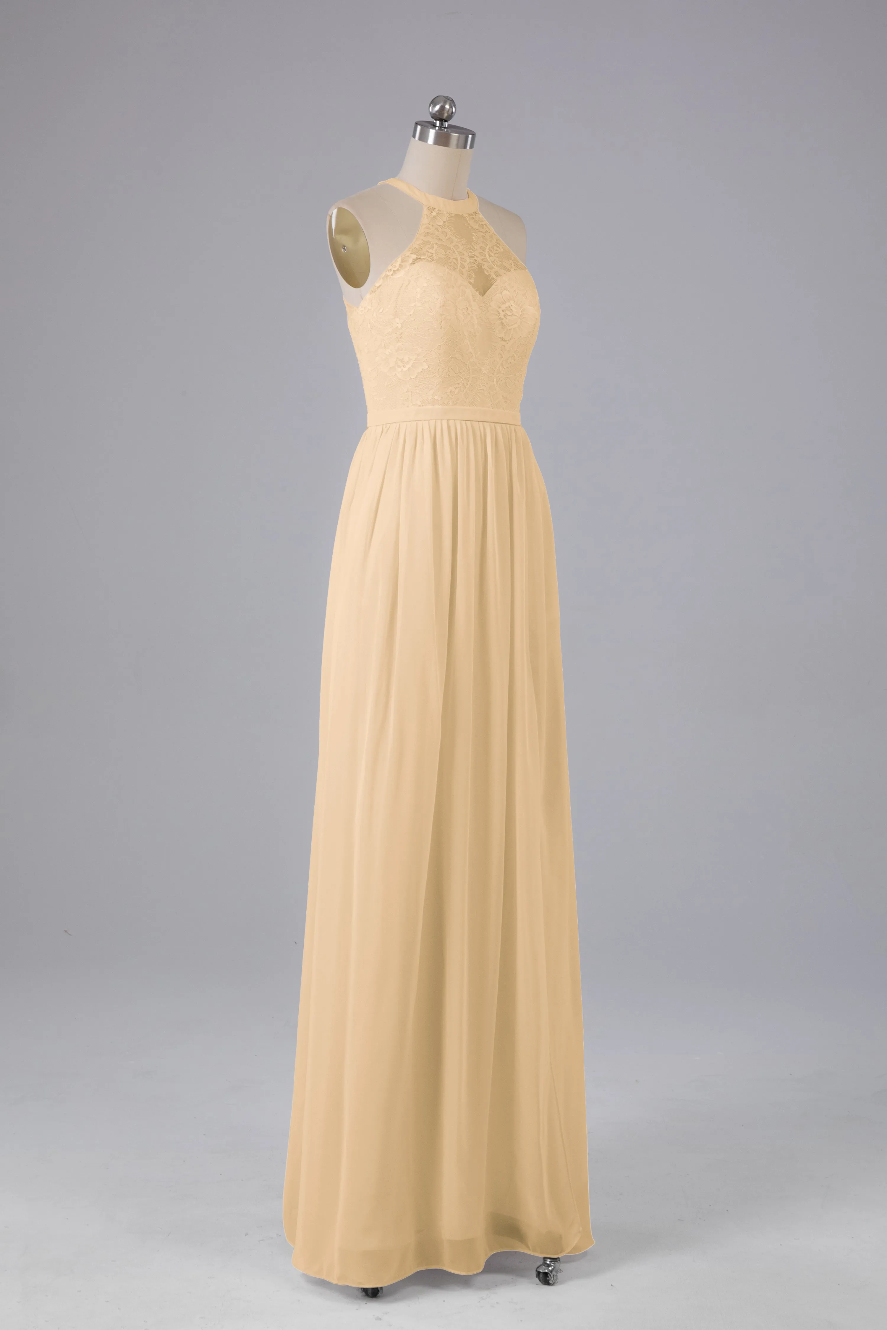 Simple Halter Lace Long Bridesmaid Dresses with Split