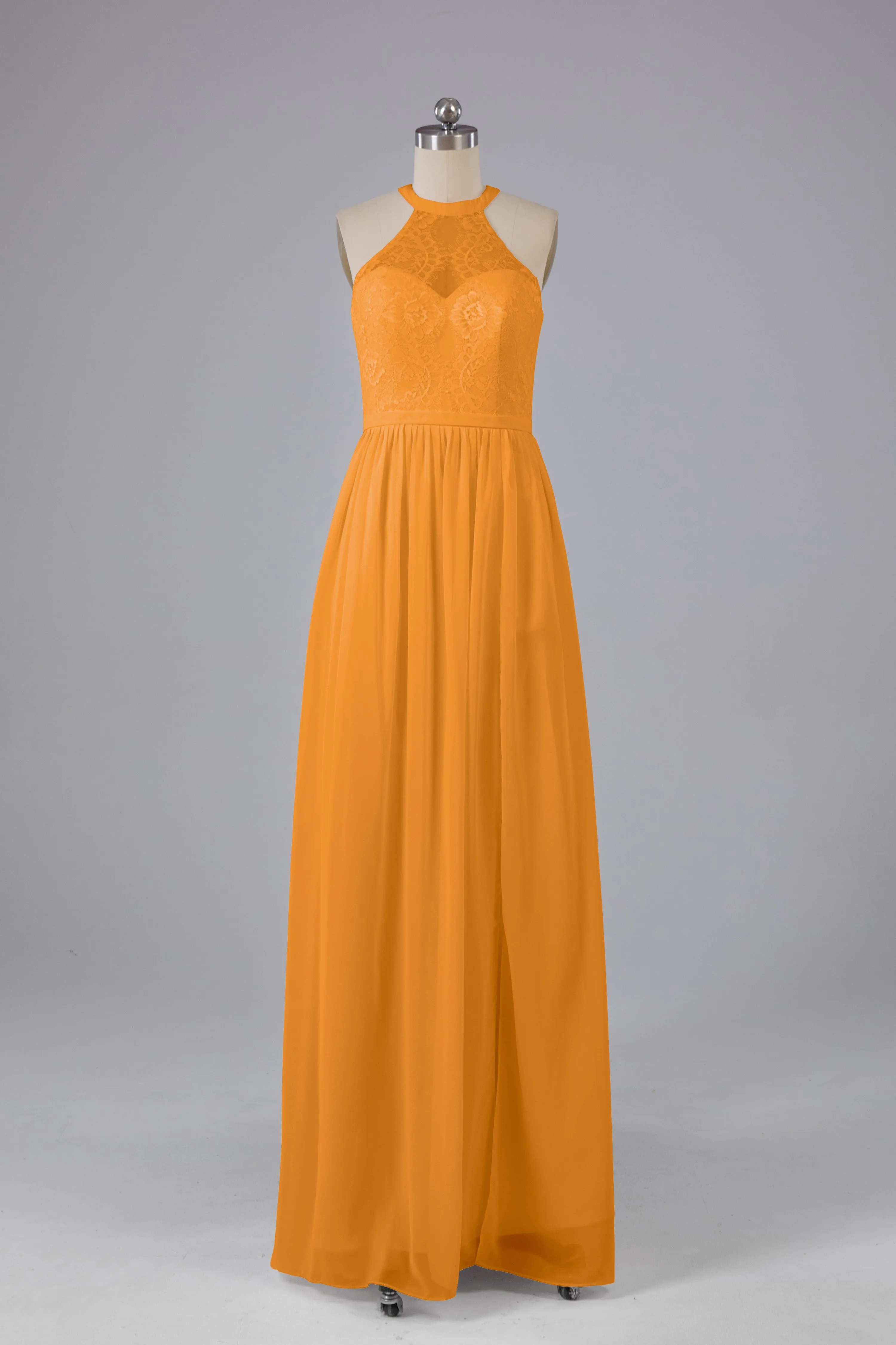 Simple Halter Lace Long Bridesmaid Dresses with Split