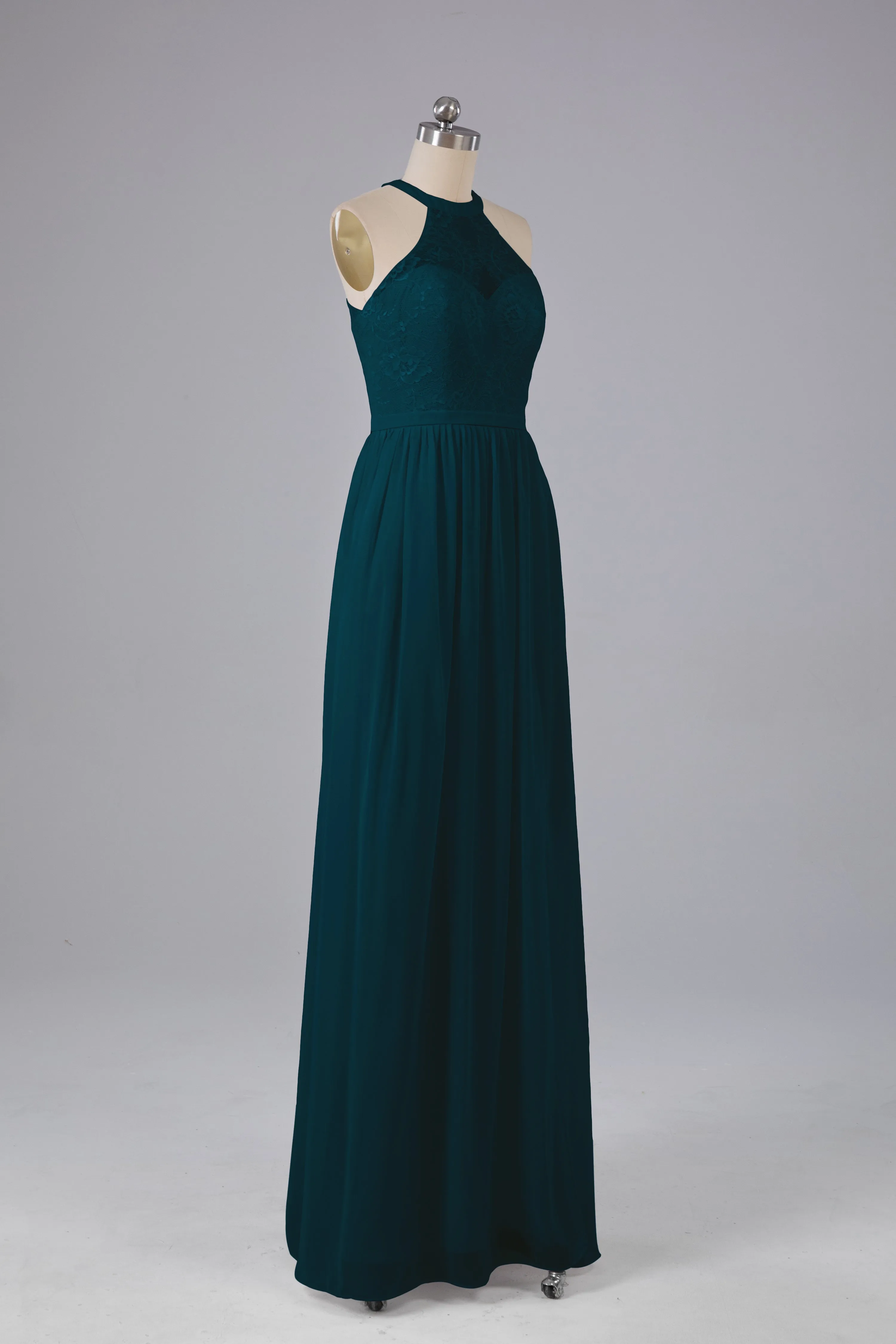 Simple Halter Lace Long Bridesmaid Dresses with Split