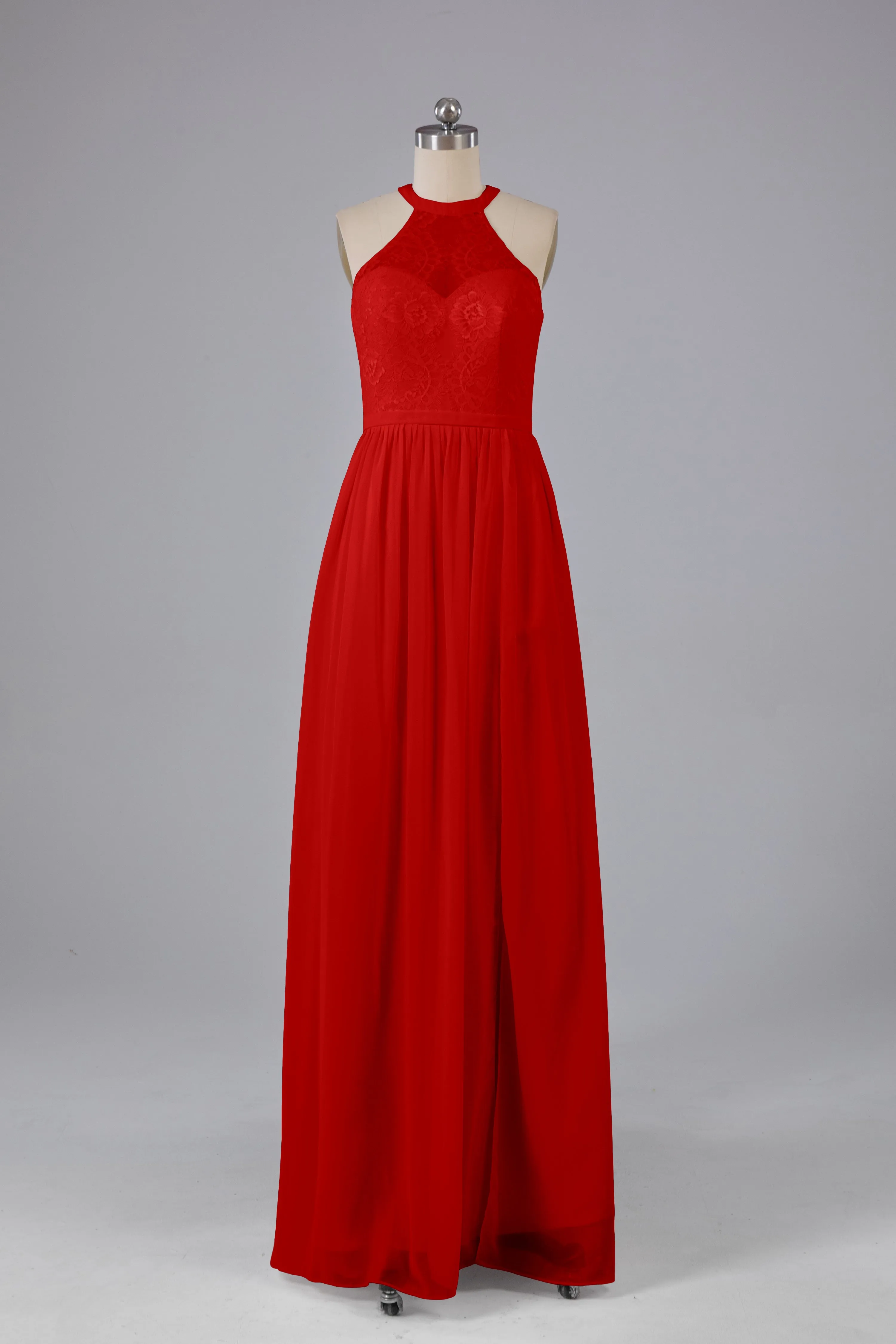 Simple Halter Lace Long Bridesmaid Dresses with Split