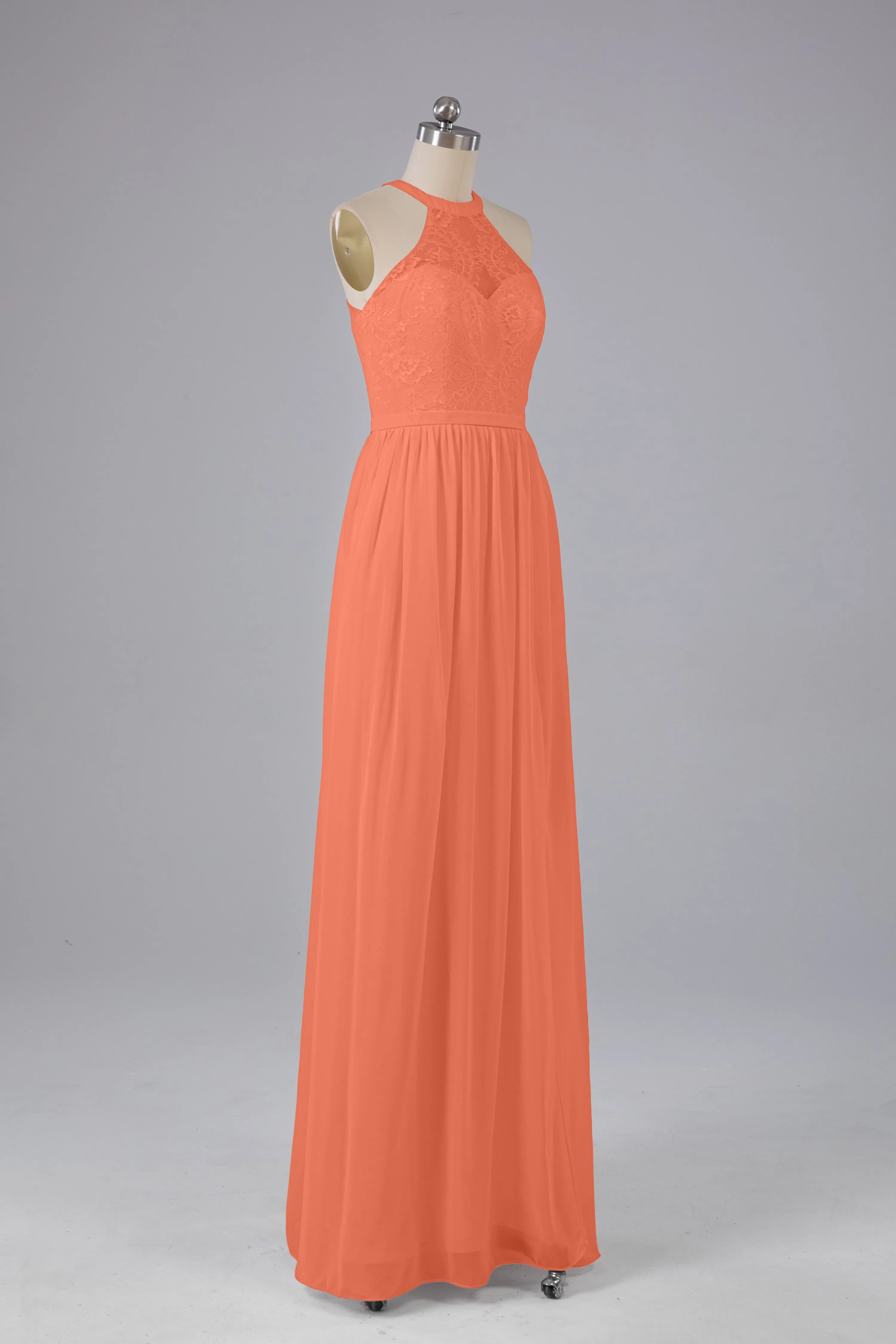 Simple Halter Lace Long Bridesmaid Dresses with Split