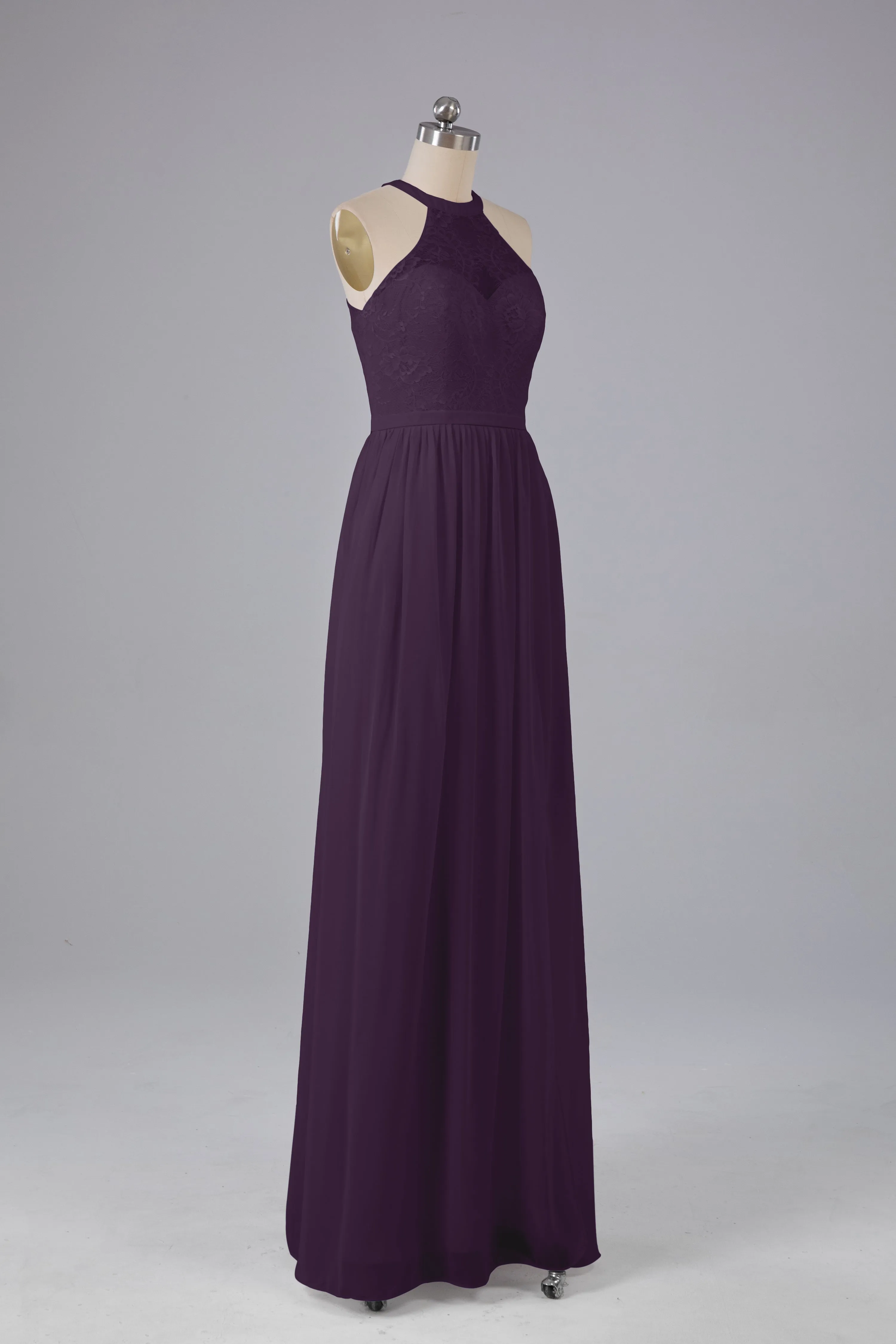 Simple Halter Lace Long Bridesmaid Dresses with Split